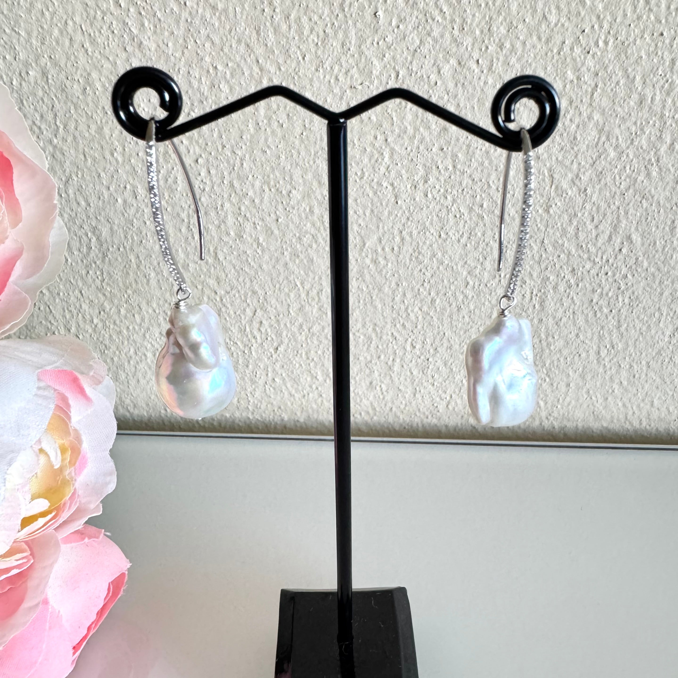 Sterling silver freshwater baroque pearl earrings with cubic zirconia melee stones