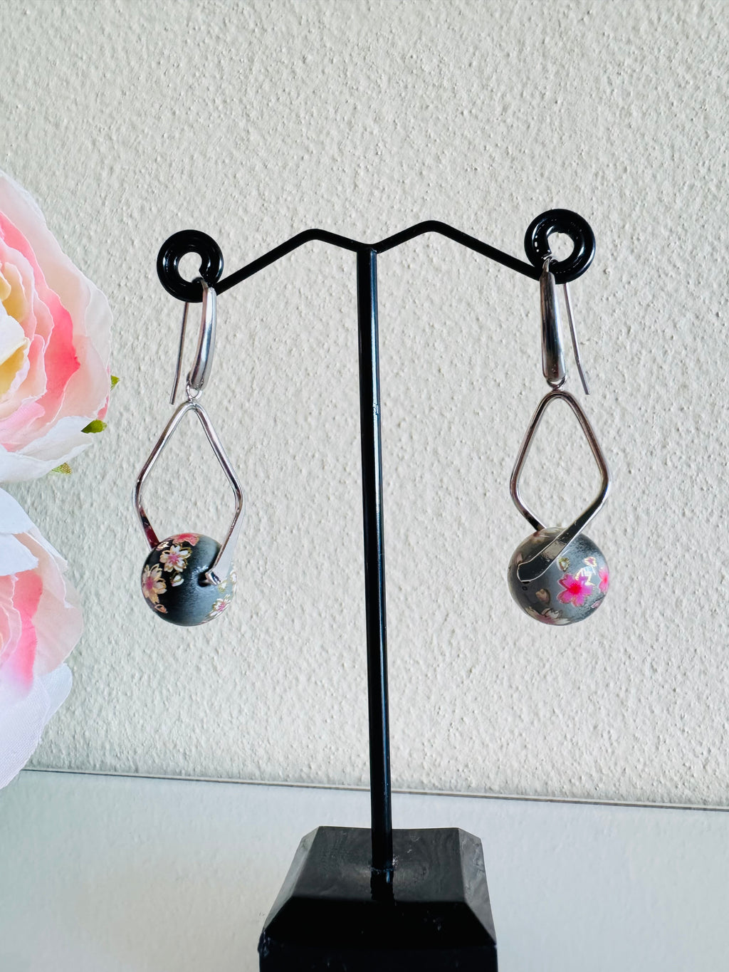 Japanese Tensha Beads Earrings - Black Sakura Floral | Stainless Steel Hooks