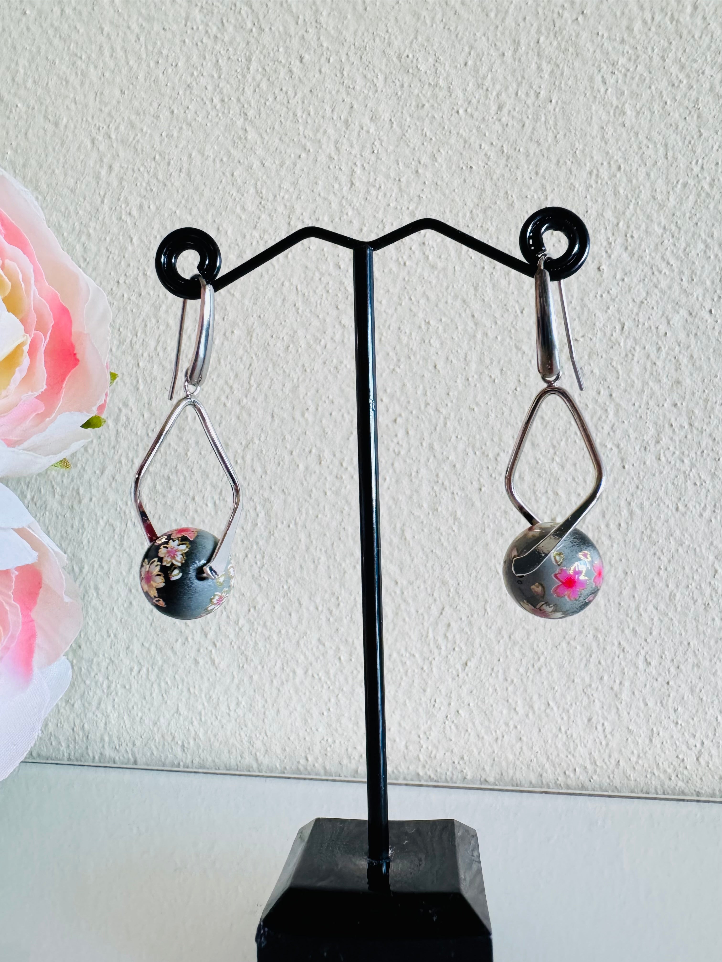 Japanese Tensha Beads Earrings - Black Sakura Floral | Stainless Steel Hooks