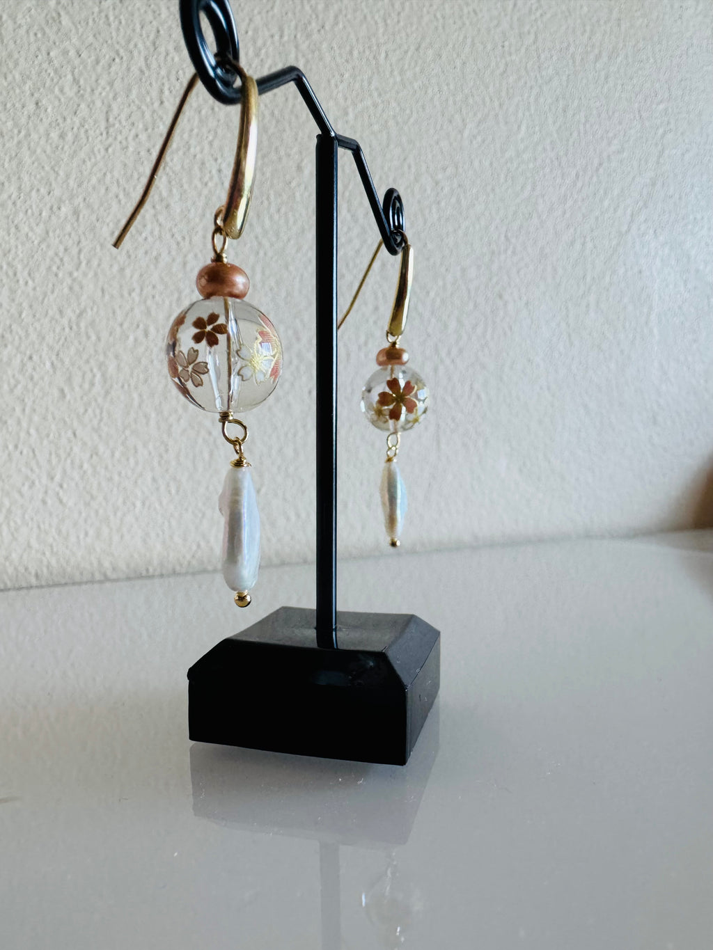 Japanese Tensha Beads Freshwater White Drop and Golden Pearls with Surgical Stainless Gold Hook Earrings
