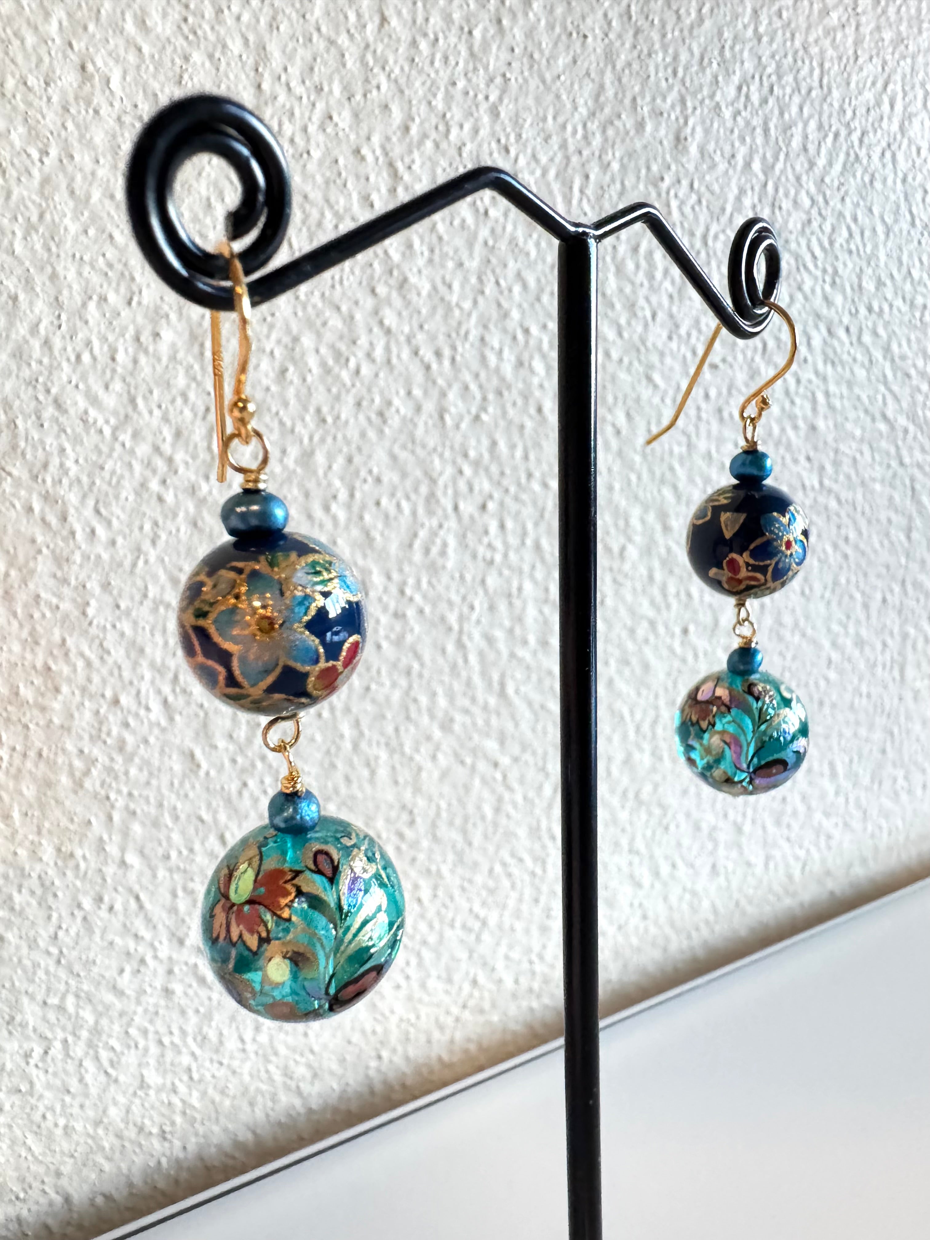 Japanese tensha beads and freshwater pearl earrings with sterling silver gold plated settings