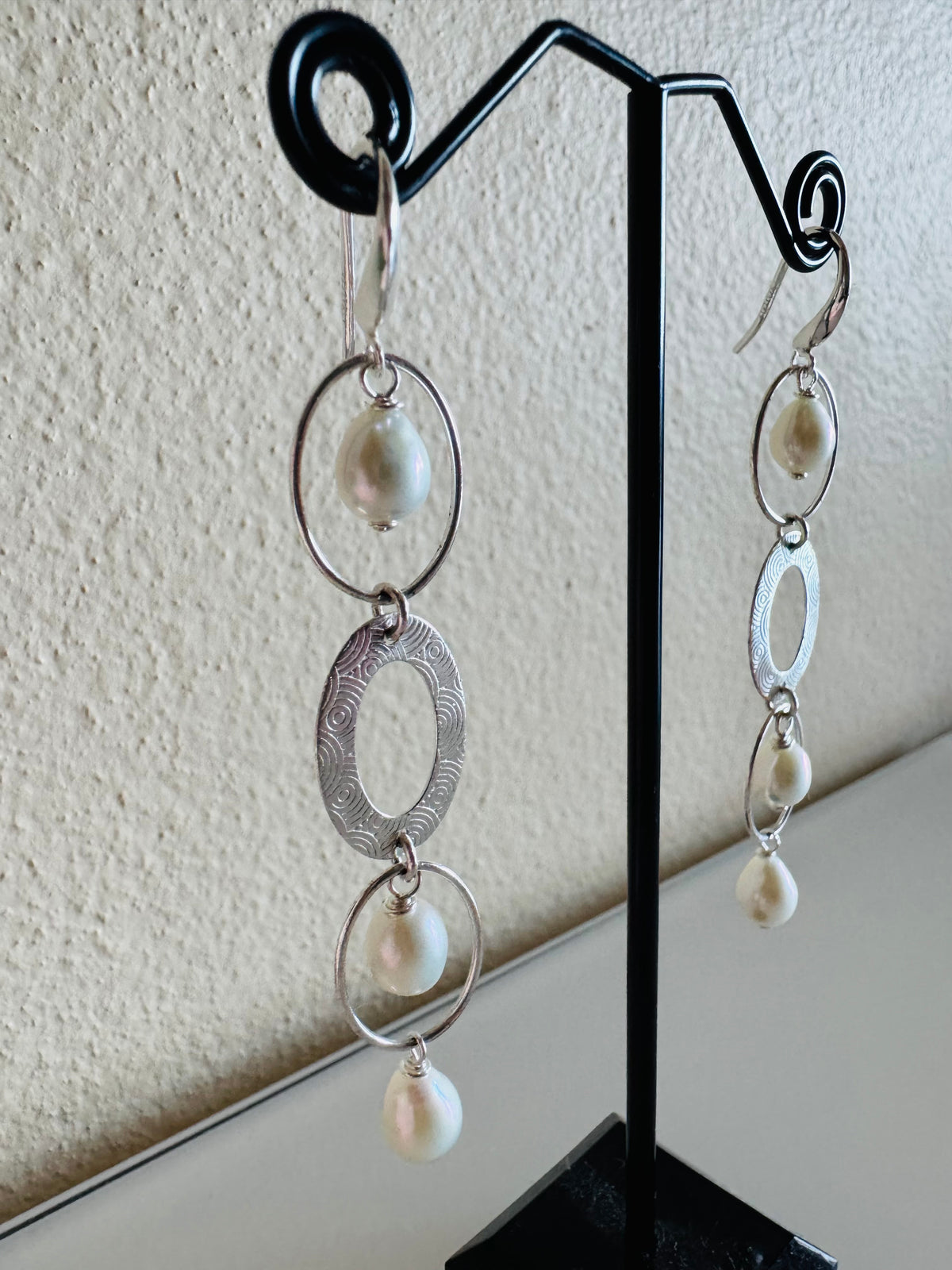 Sterling Silver Freshwater Pearl Trilogy Earrings Long Dangle Statement Earrings Handmade in Australia Gift for Her Anniversary Gift