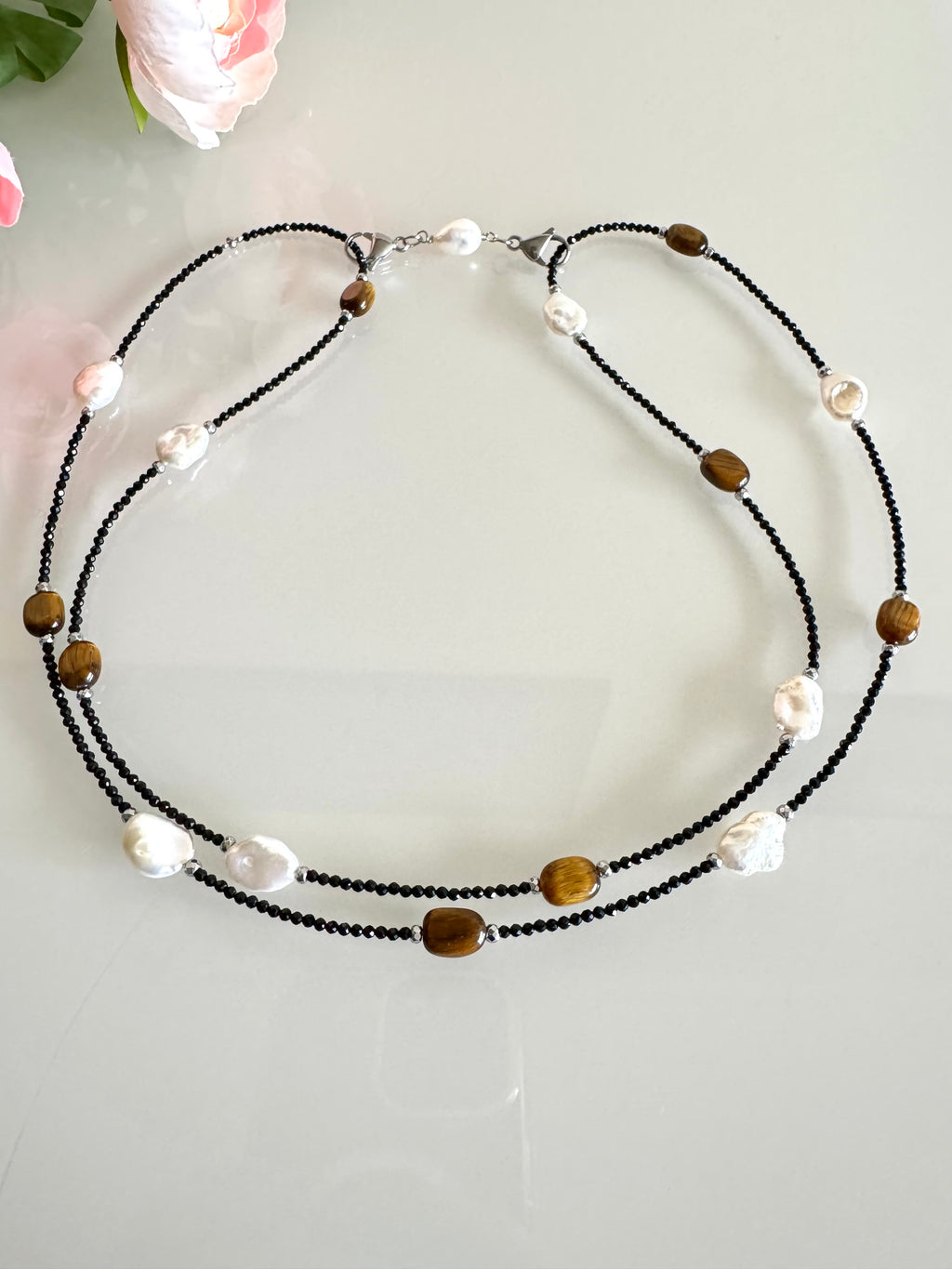 Black spinel, Tiger’s eye, freshwater pearl and hematite long necklace plus shorten clasps 