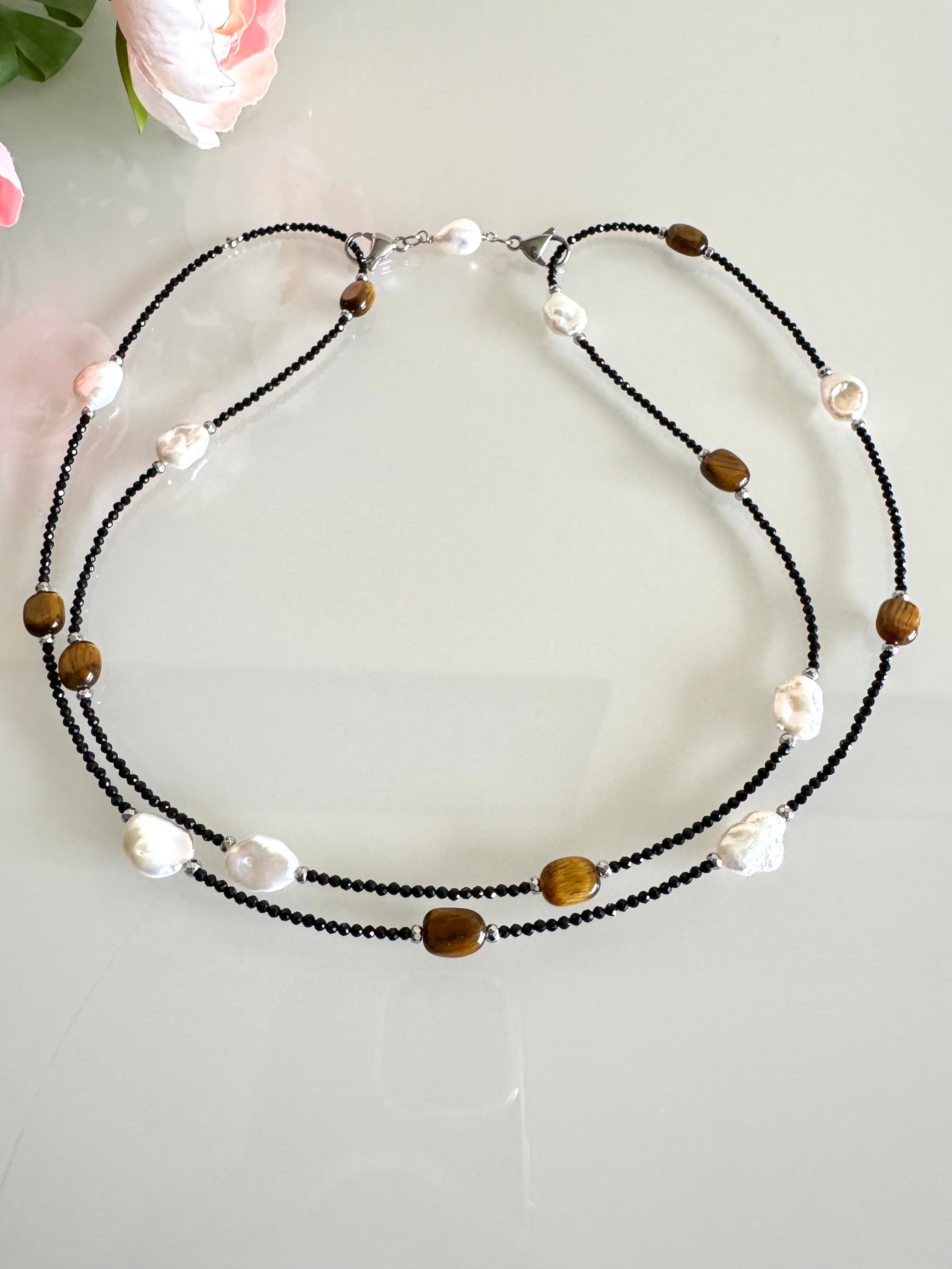Black spinel, Tiger’s eye, freshwater pearl and hematite long necklace plus shorten clasps 