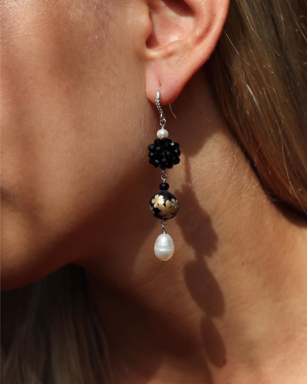 Japanese Tensha Bead Earrings, Sterling Silver Freshwater Pearl Dangle Earrings, Crystal Beads Ball, Handmade Floral Drop Jewellery