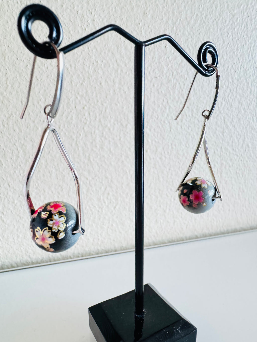 Japanese Tensha Beads Earrings - Black Sakura Floral | Stainless Steel Hooks