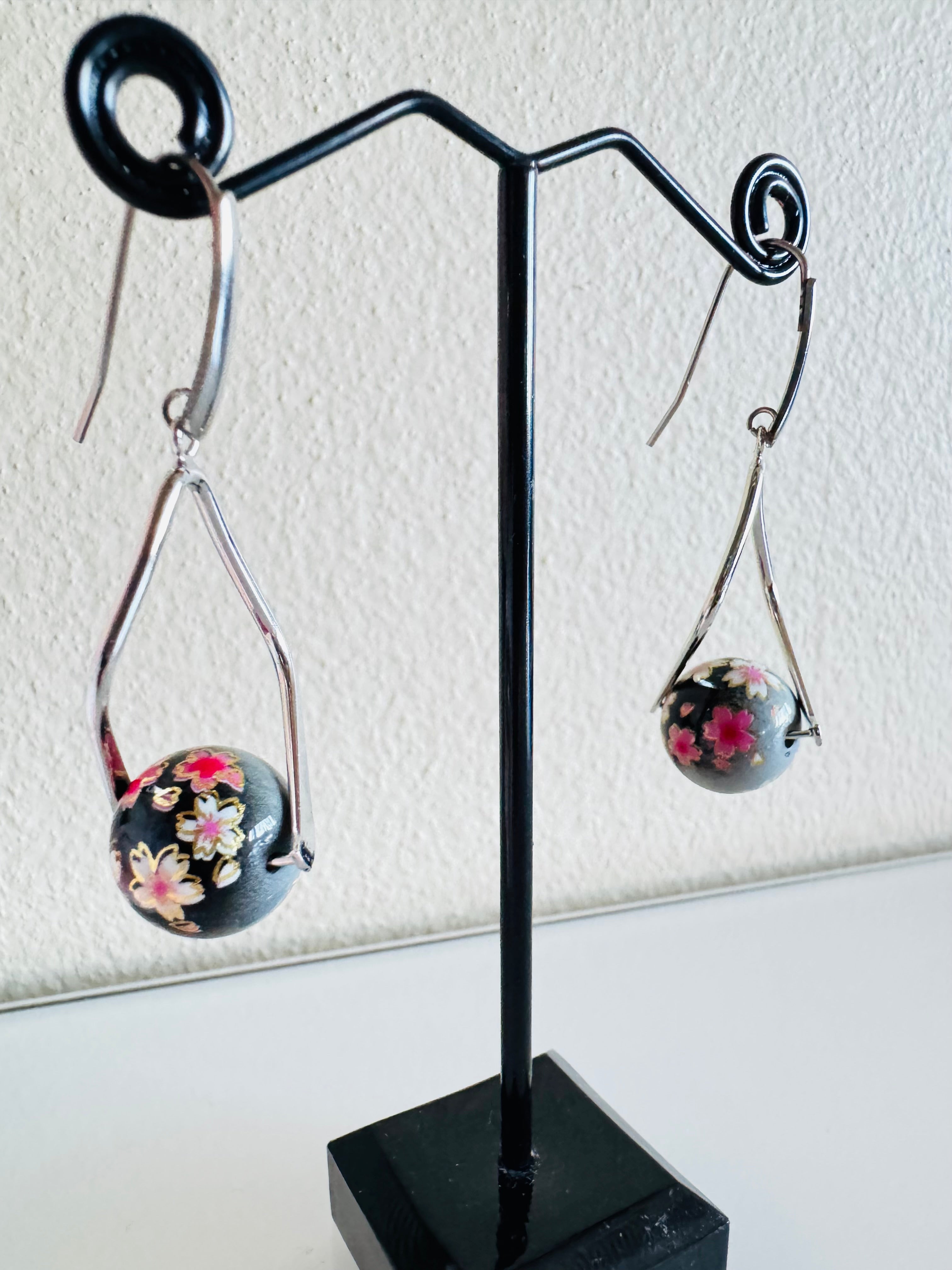 Japanese Tensha Beads Earrings - Black Sakura Floral | Stainless Steel Hooks