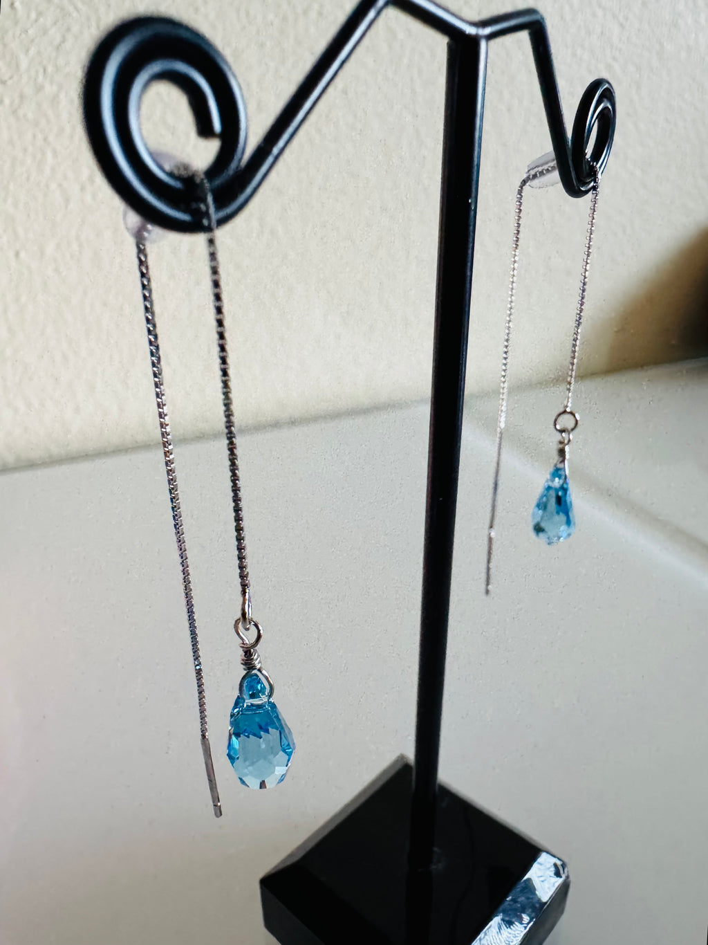 Swarovski Crystal Drop Earrings, Sterling Silver Aqua Blue Dangle Chain Earrings, Handmade Australian Jewellery, Rodium Plated Silver