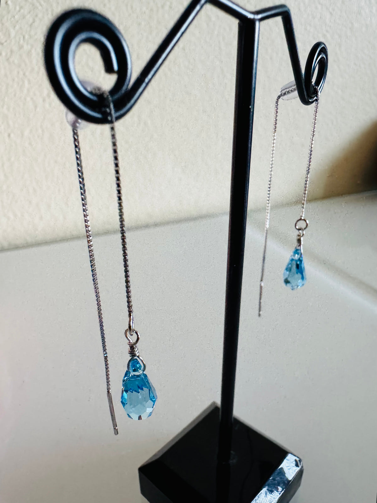 Swarovski Crystal Drop Earrings, Sterling Silver Aqua Blue Dangle Chain Earrings, Handmade Australian Jewellery, Rodium Plated Silver