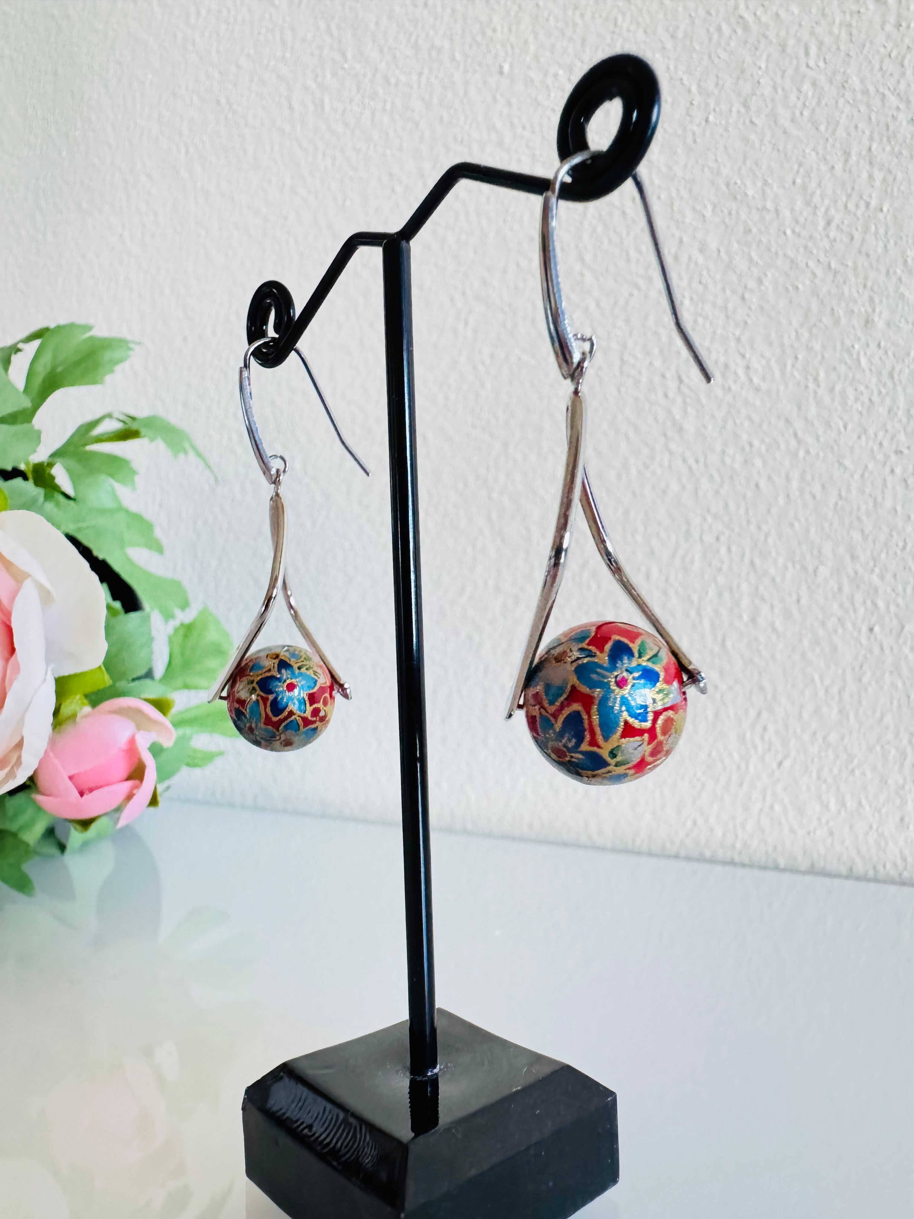 Japanese Tensha Beads Earrings - Red Floral | Stainless Steel Hooks