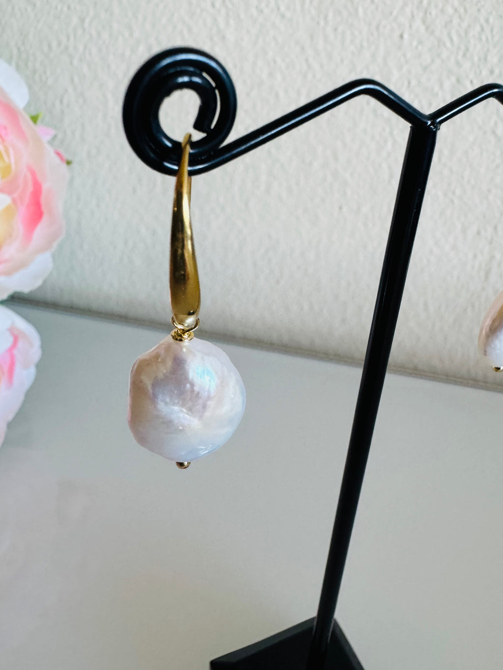 Freshwater Coin Shape Baroque Pearl Drop Earrings, Surgical Stainless Gold Dangle Earrings, Handmade Australian Jewellery, Gift For Her