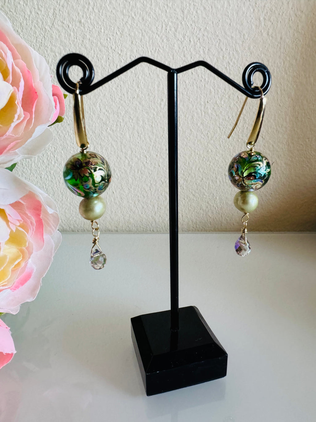 Japanese Tensha Beads Green Freshwater Pearl Round and Crystal Drop Earrings with Surgical Golden Stainless Hooks, Tarnish Free