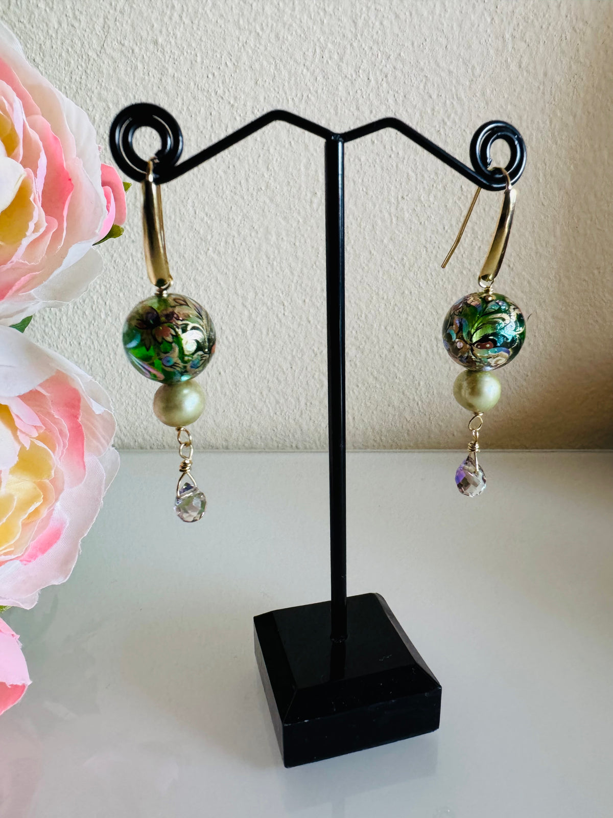 Japanese Tensha Beads Green Freshwater Pearl Round and Crystal Drop Earrings with Surgical Golden Stainless Hooks, Tarnish Free