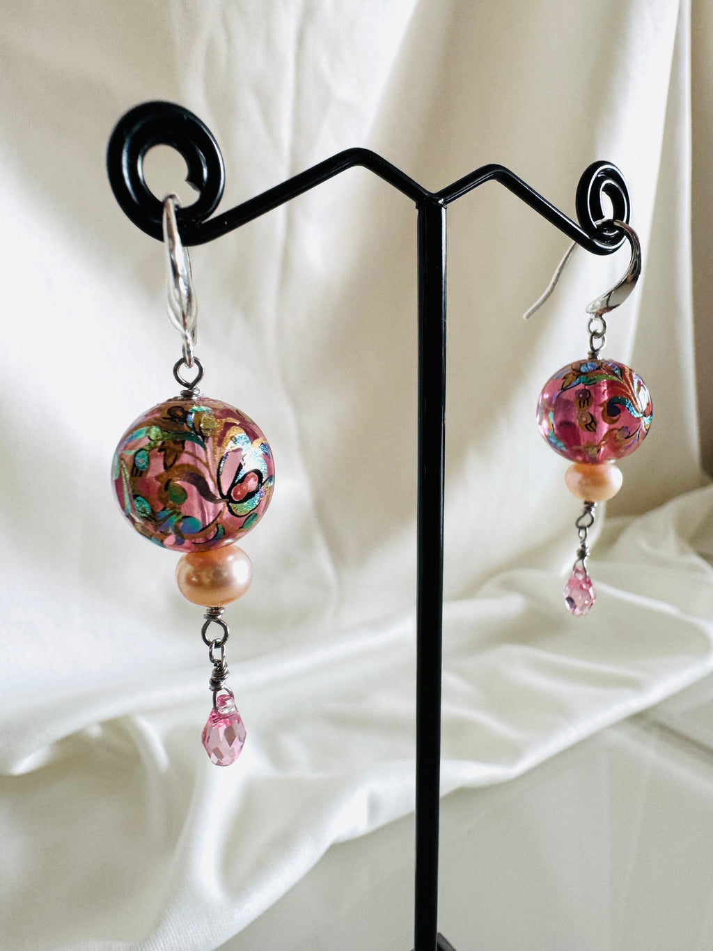 Japanese Tensha Floral Earrings, Pink Pearl Swarovski Crystal Drop, Sterling Silver Hooks
