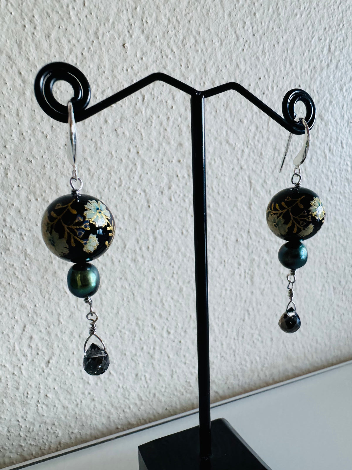 Japanese Tensha Bead Earrings, Sterling Silver Freshwater Black Pearl Dangle Earrings, Crystal Glass, Handmade Floral Drop Jewellery