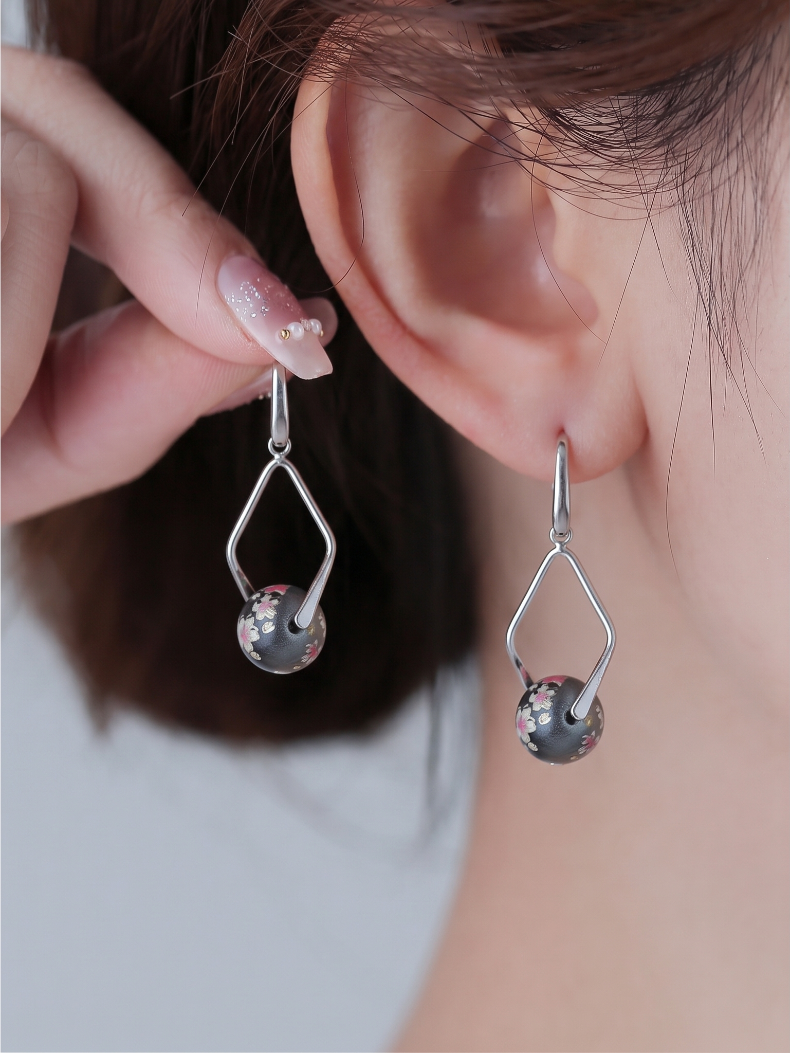 Japanese Tensha Beads Earrings - Black Sakura Floral | Stainless Steel Hooks