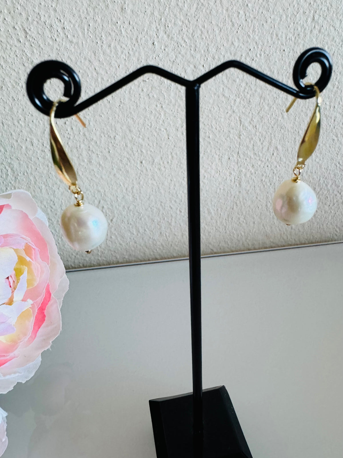 Freshwater Off Round Pearl Drop Earrings, Surgical Stainless Gold Dangle Earrings, Handmade Australian Jewellery, Gift For Her