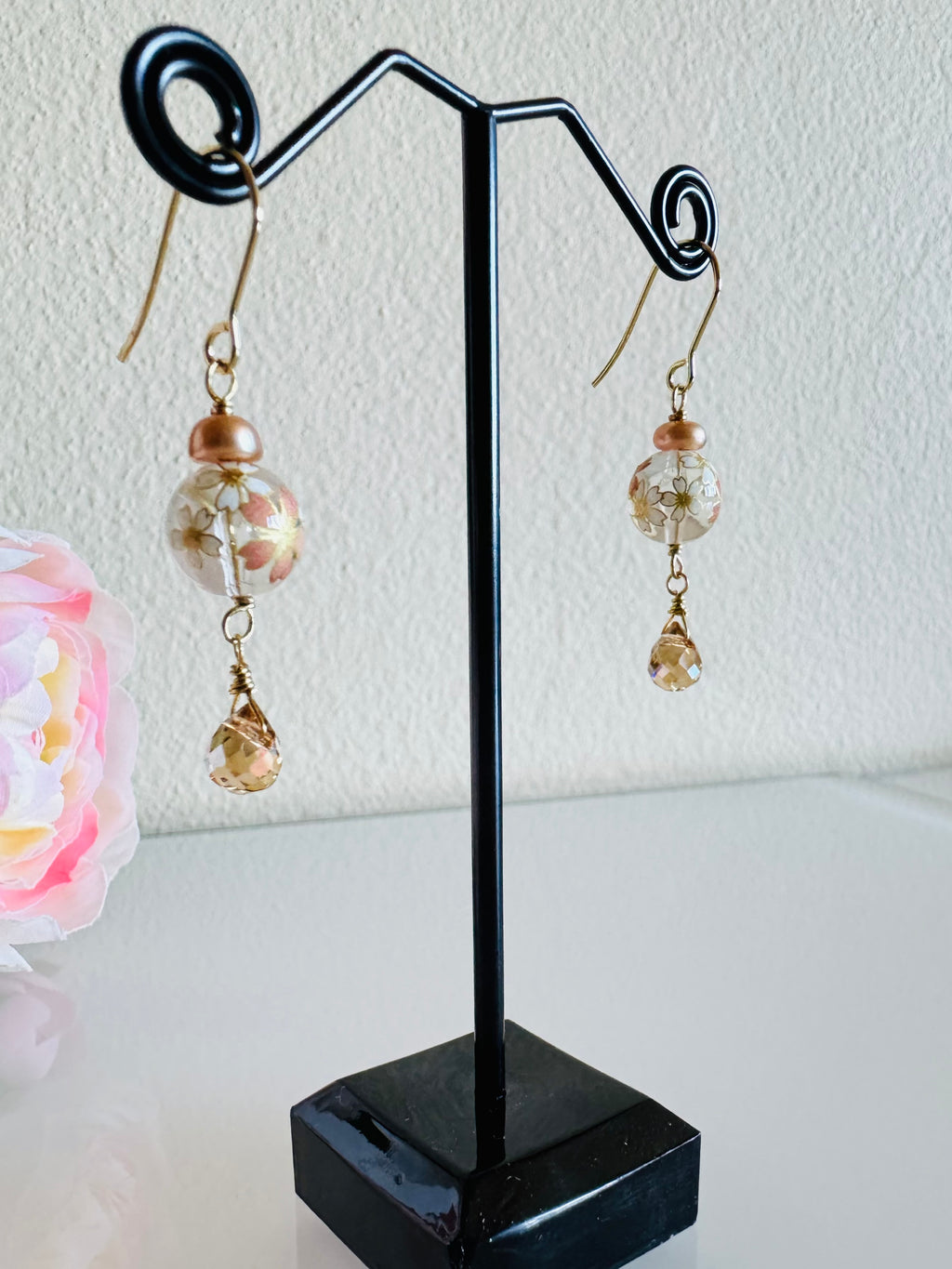 Japanese Tensha Beads and Crystal Earrings with Surgical Gold Stainless Settings