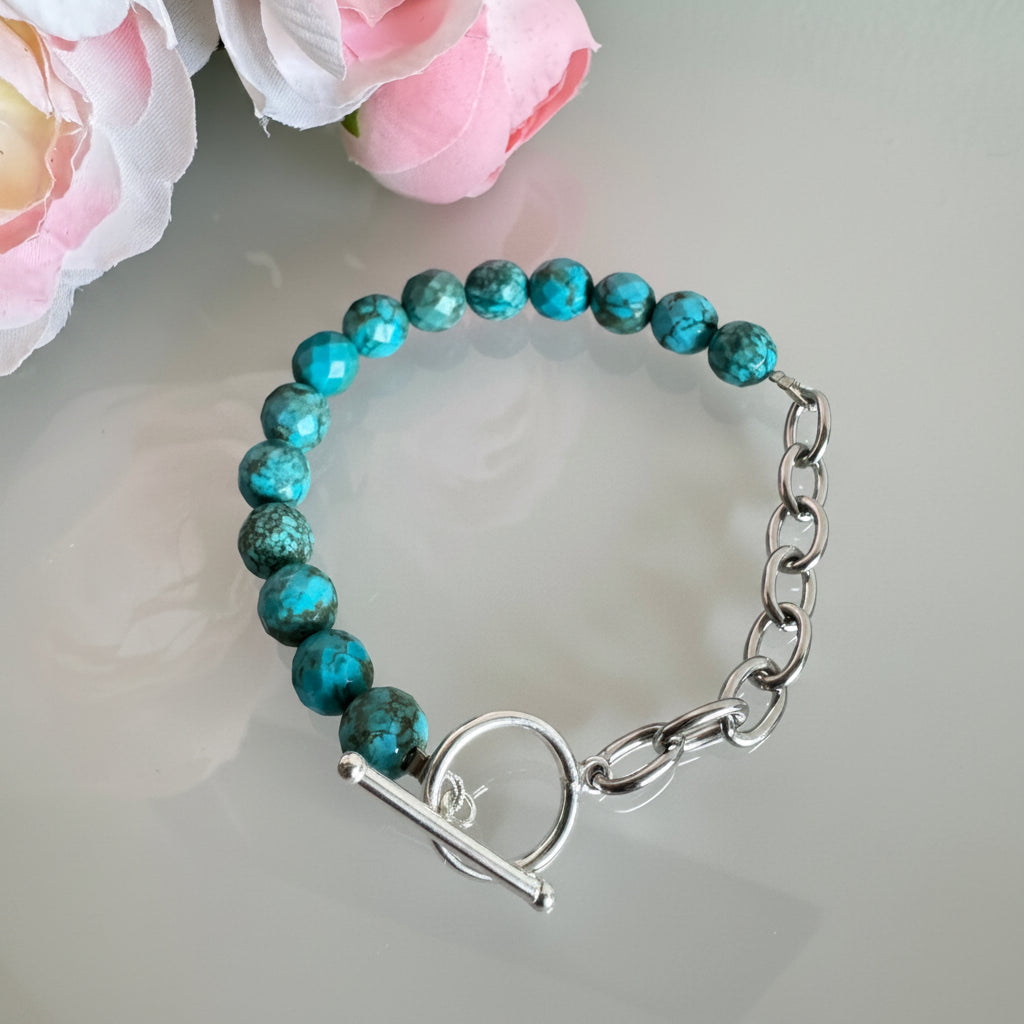 Howlite bracelet with sterling silver OT clasps and stainless chain bracelet