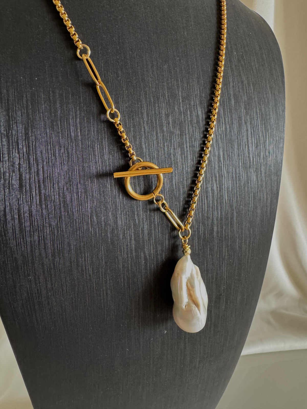 Handmade Baroque Pearl Toggle Necklace, Gold Stainless Steel Chain, Statement Jewellery