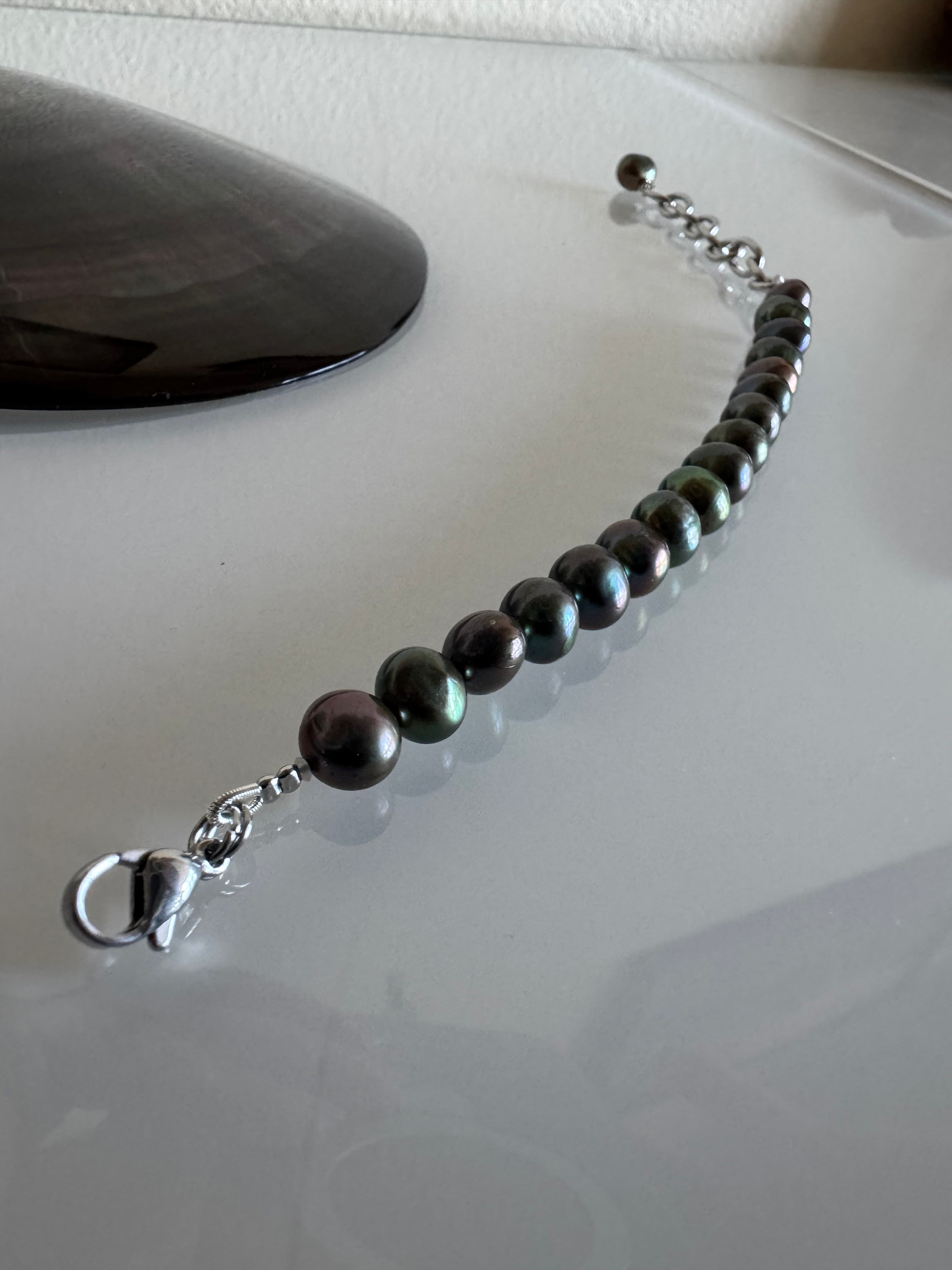 Freshwater Black Pearl Bracelet With Surgical Stainless Chains