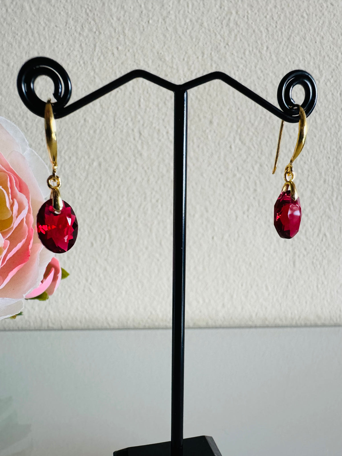 Swarovski Crystal Drop Earrings, Sterling Silver Gold Dangle Earrings, Handmade Australian Jewellery, Red Crystal Earrings, Gift for Her