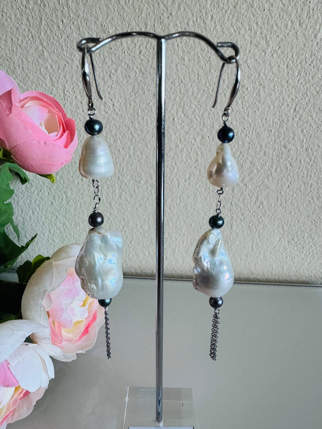 Large Freshwater Pearl Earrings with Sterling Silver Hooks and Surgical Stainless Settings and Chains