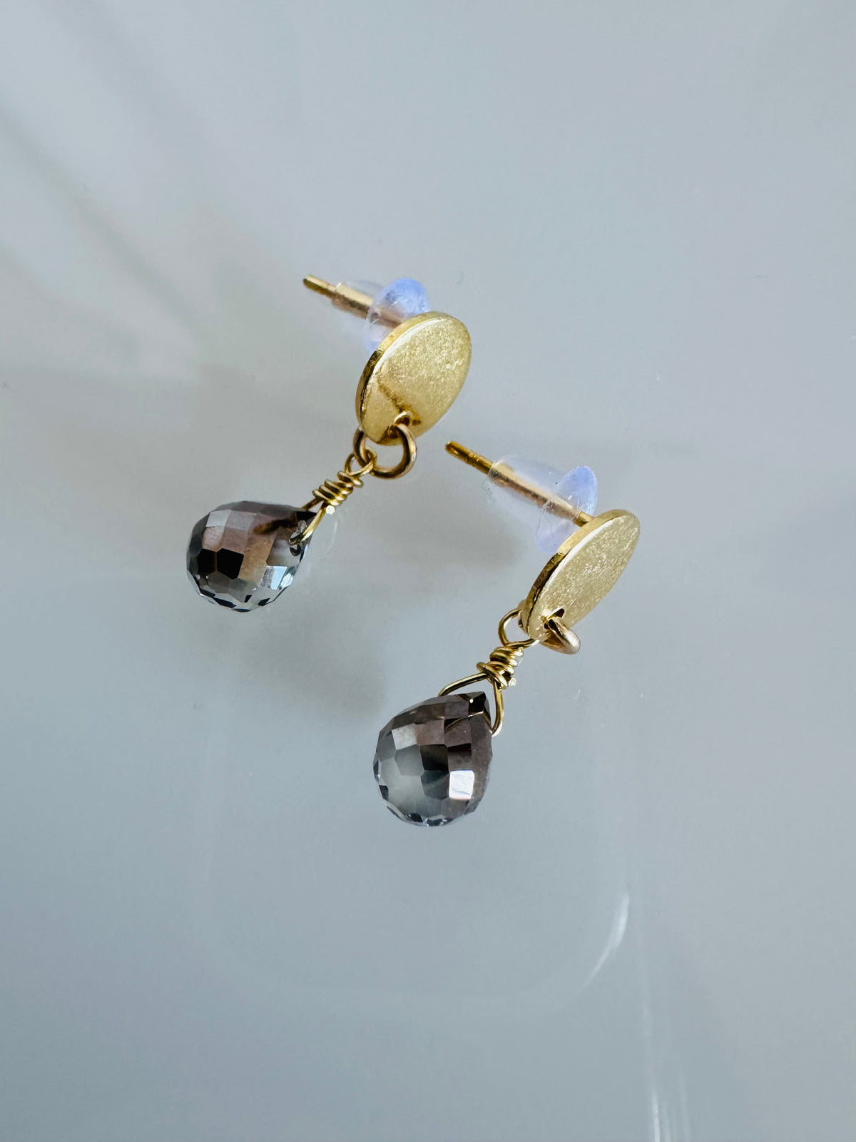 Handmade Dark Grey Crystal Drop Earrings, Surgical Stainless Gold Studs, Lightweight (1.5g)