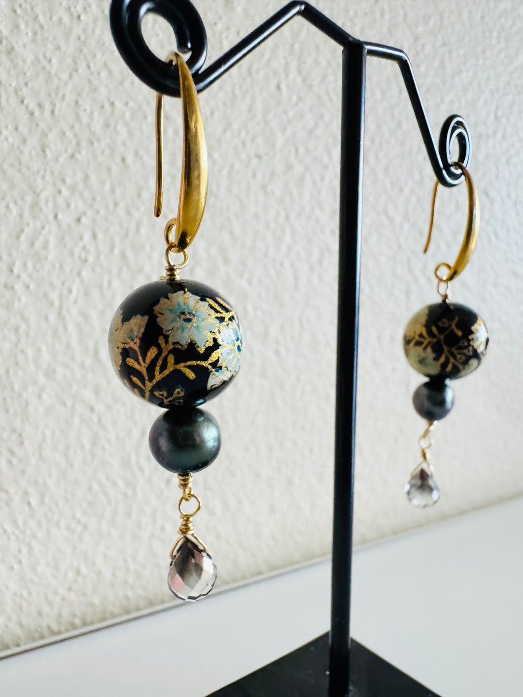 Japanese Tensha Bead Earrings, Surgical Stainless Steel Gold  Hooks, Black Pearl Dangle Earrings, Crystal Glass, Handmade Jewellery