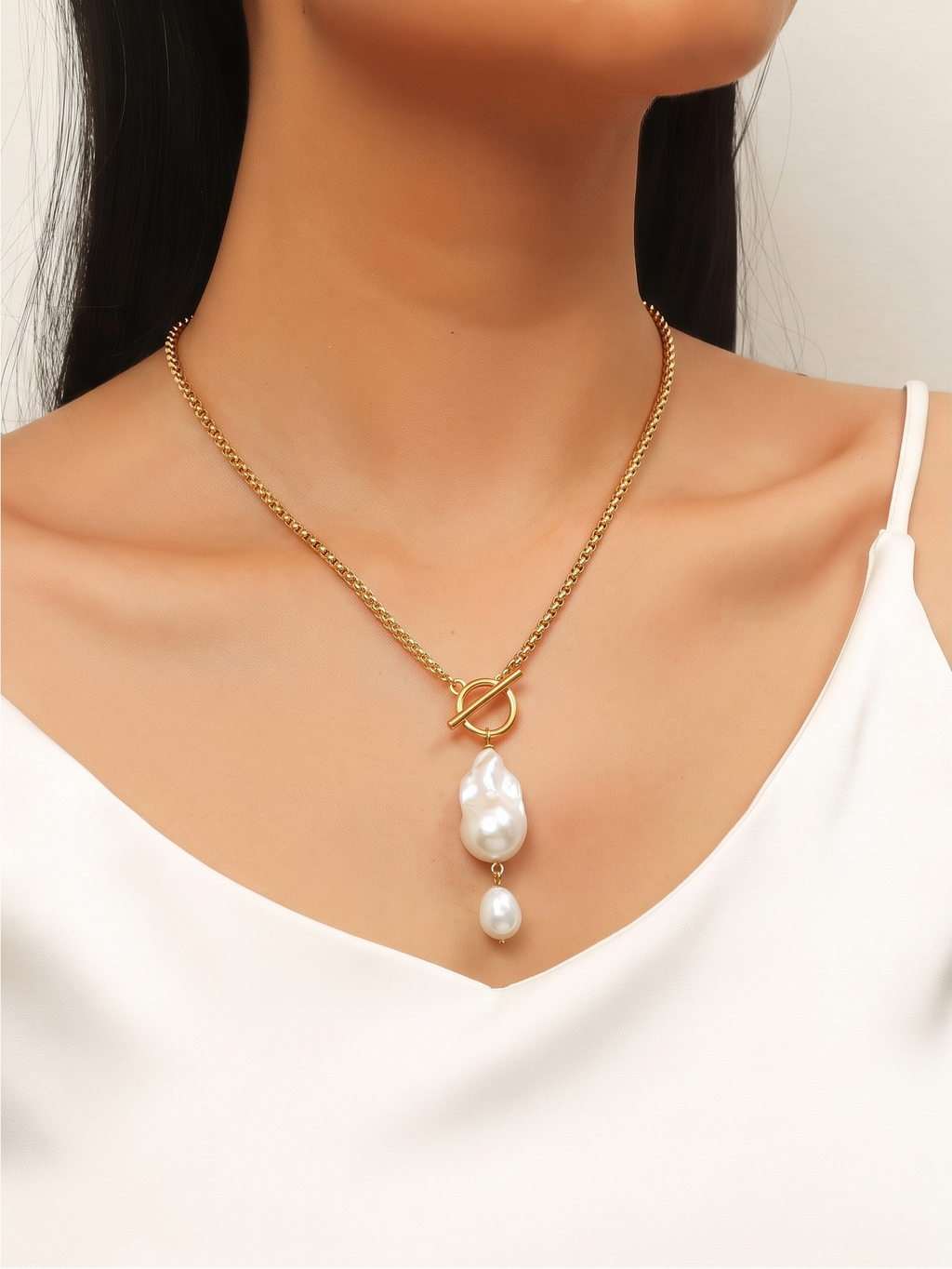 Handmade Baroque Pearl Toggle Necklace, Surgical Stainless Steel Chain, Minimalist Jewellery