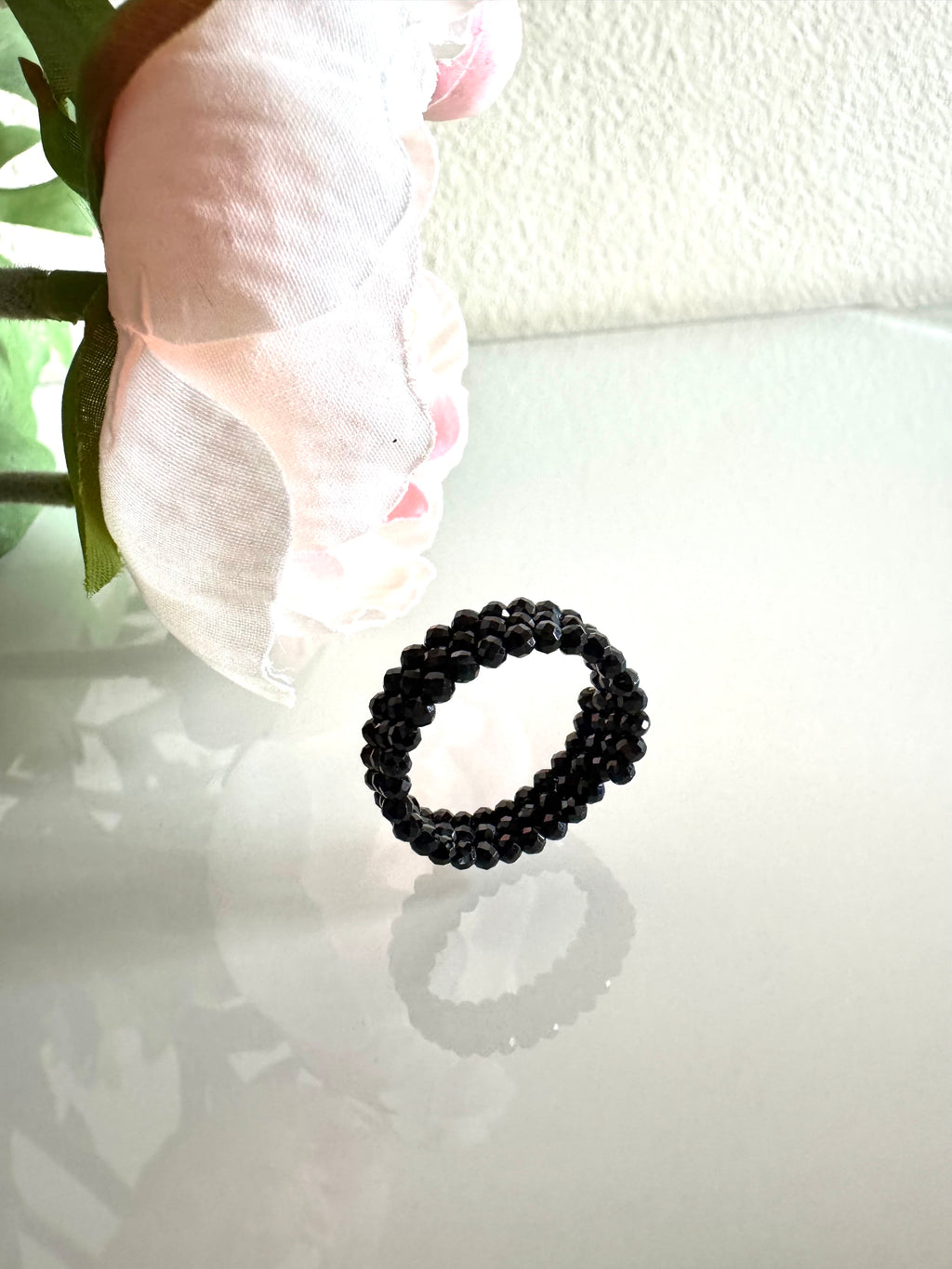 Black spinel (faceted) free size memory wire ring