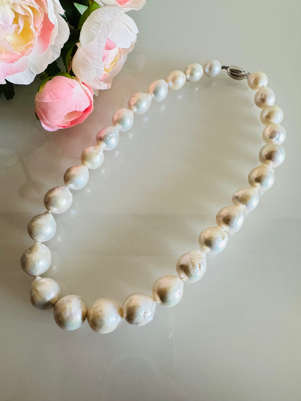 Large White Colour Off Round Pearl Necklace, 925 Sterling Silver Puch Clasp, Genuine Pearl Jewelry, Handcrafted in Australia, Exclusive Gift