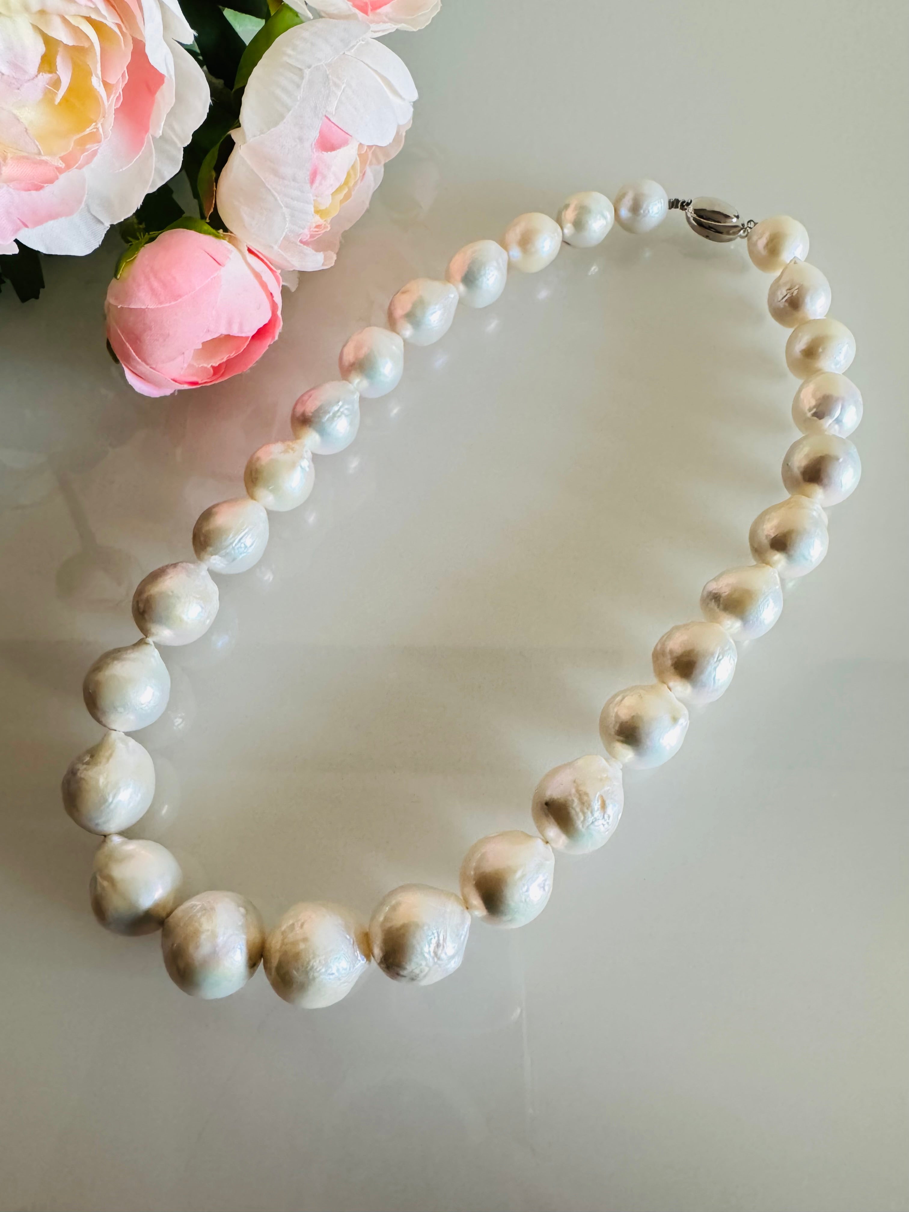 Large White Colour Off Round Pearl Necklace, 925 Sterling Silver Puch Clasp, Genuine Pearl Jewelry, Handcrafted in Australia, Exclusive Gift