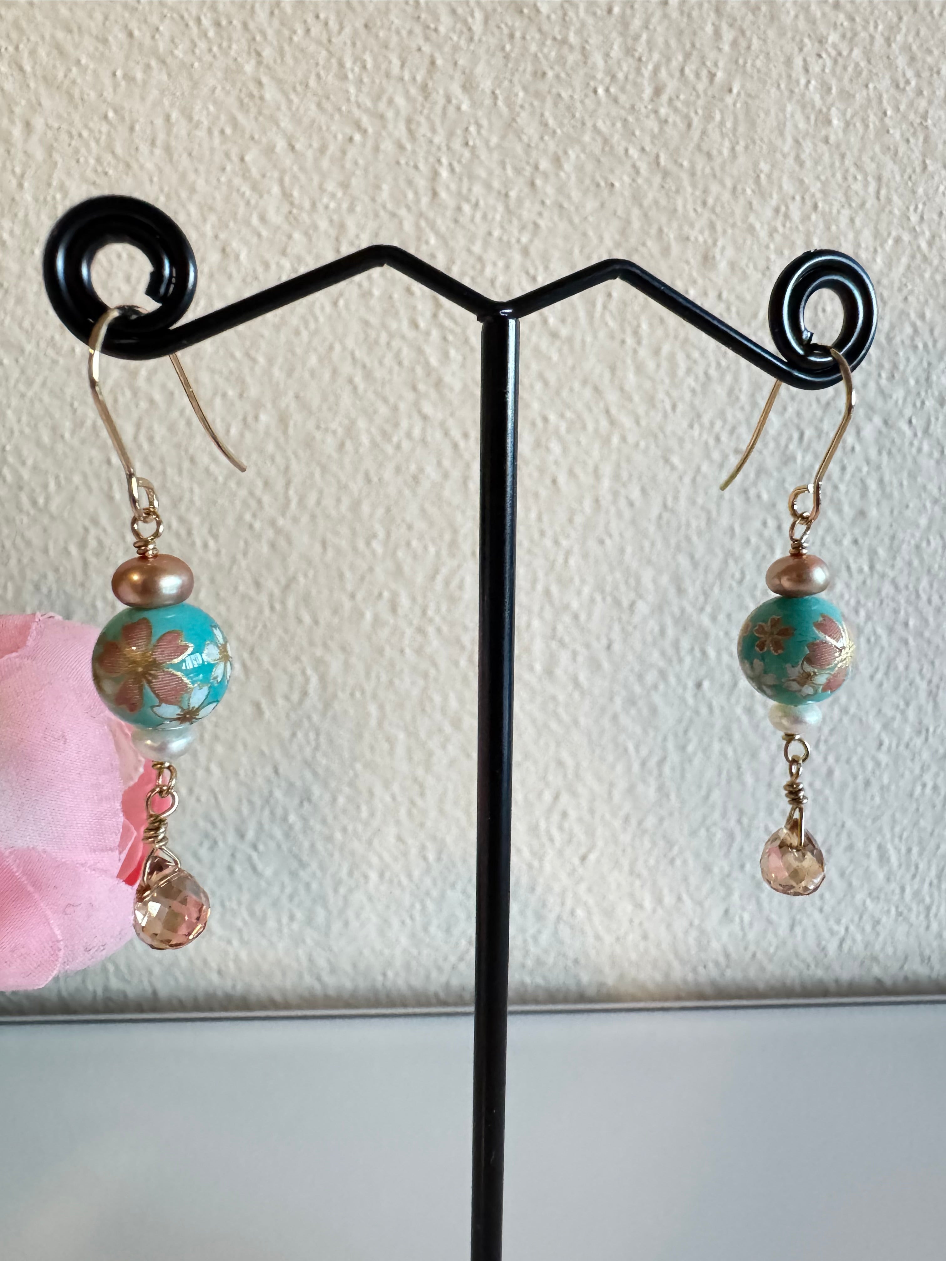Japanese tensha beads and freshwater pearls earrings with surgical stainless gold hooks (Tarnish free)