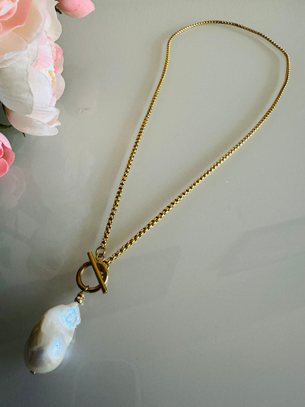 Handmade Freshwater Pearl Dangle Necklace, Gold Surgical Stainless Steel Chain & Toggle, Tarnish Free Waterproof Jewellery, Minimalist