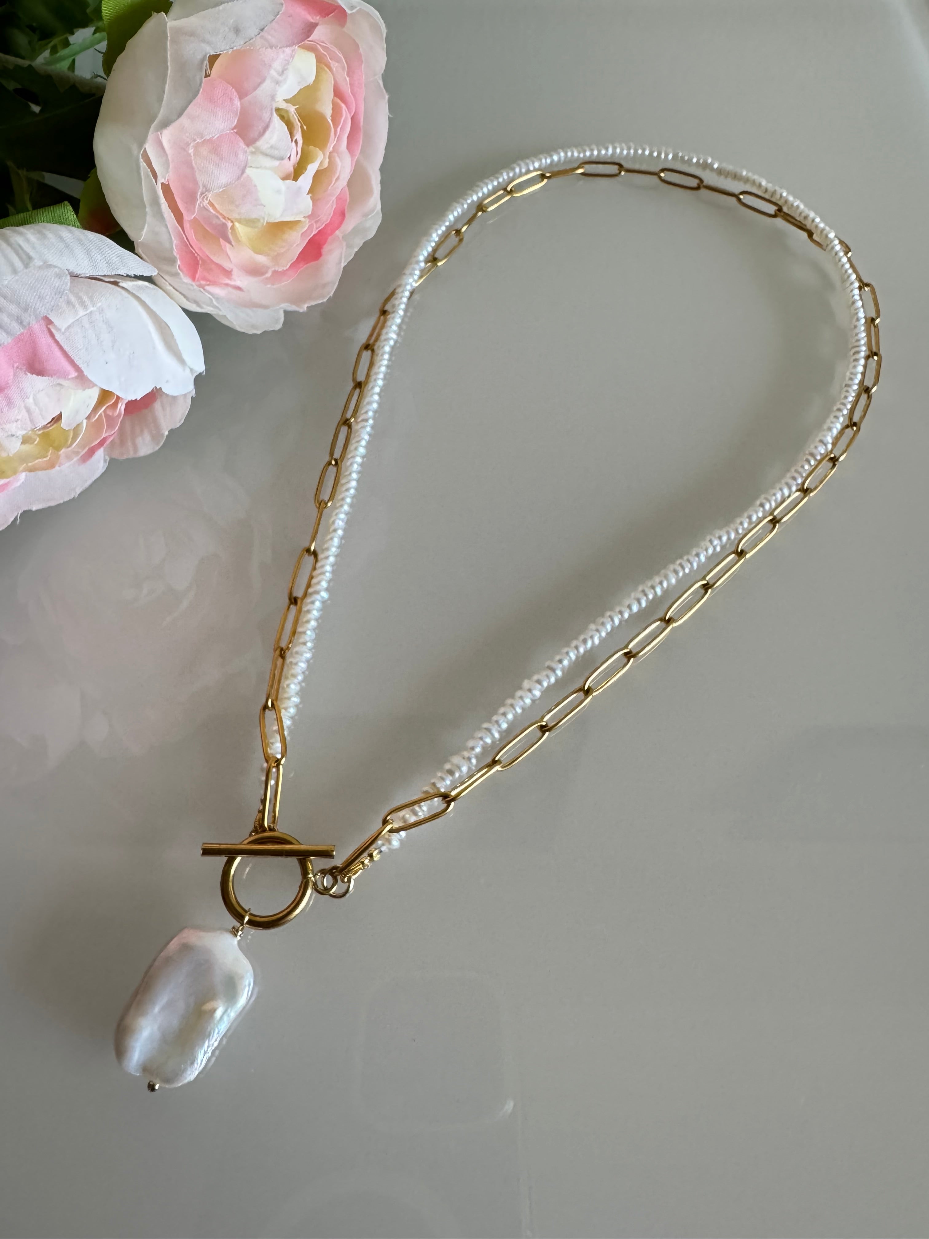 Large Rectangular Baroque Pearl Pendant Necklace, Surgical Stainless Gold Toggle Clasp and Chain, Freshwater Mini Pearls, Handmade Sydney
