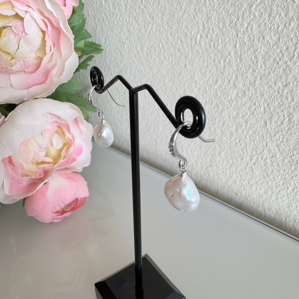 Sterling silver freshwater baroque pearl earrings with cubic zirconia melees
