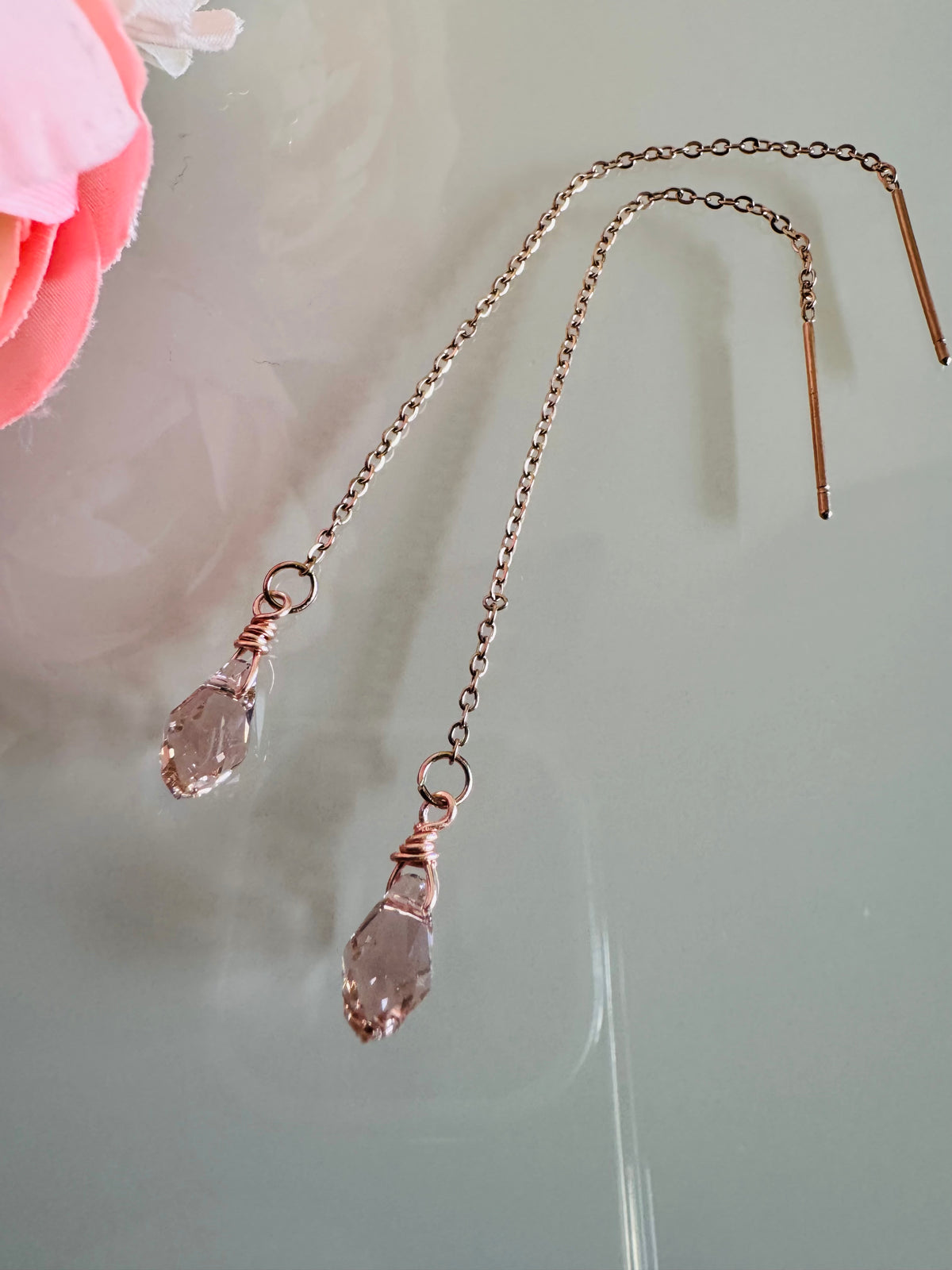 Swarovski Crystal Drop Earrings, Surgical Stainless Rose Gold Dangle Chain Earrings, Handmade Australian Jewellery, Rosegold pink Colour
