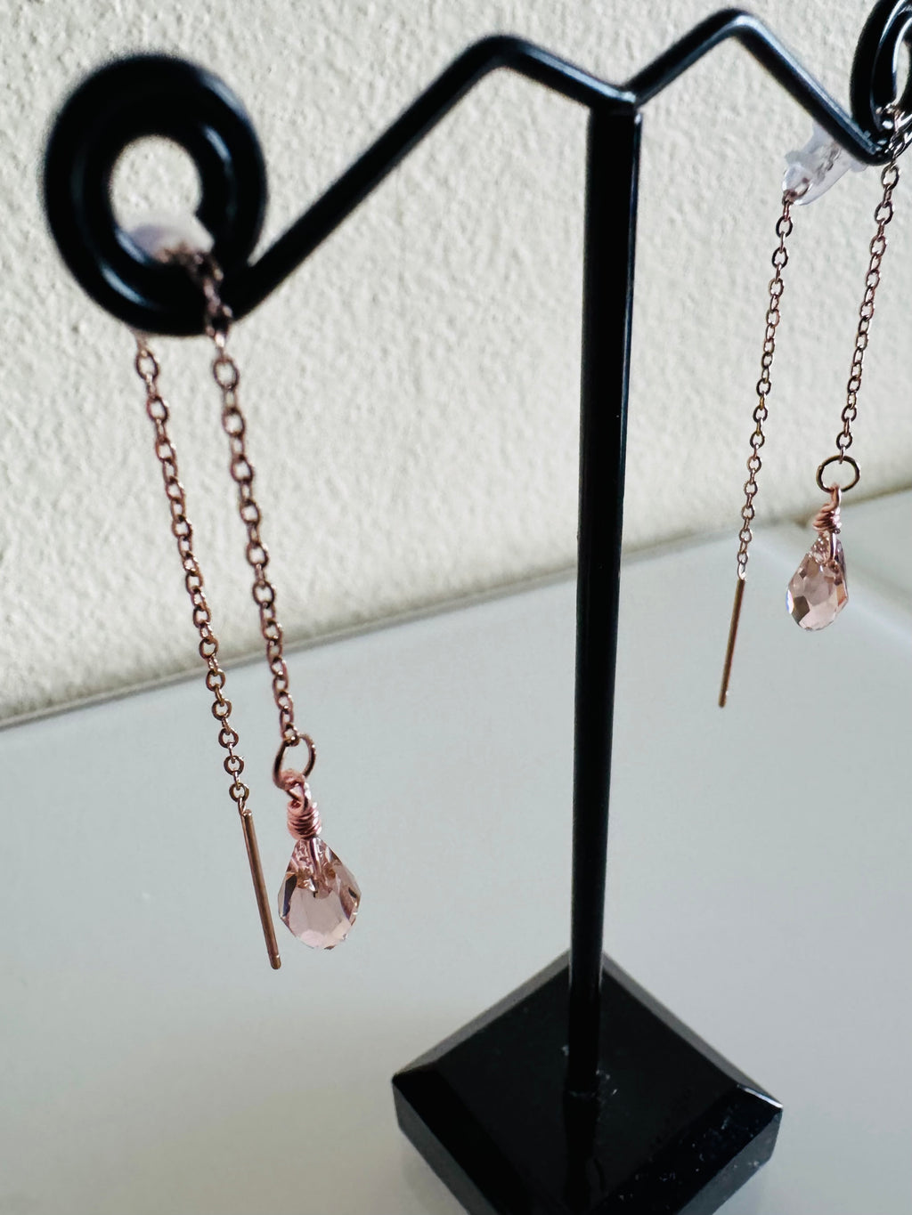 Swarovski Crystal Drop Earrings, Surgical Stainless Rose Gold Dangle Chain Earrings, Handmade Australian Jewellery, Rosegold pink Colour