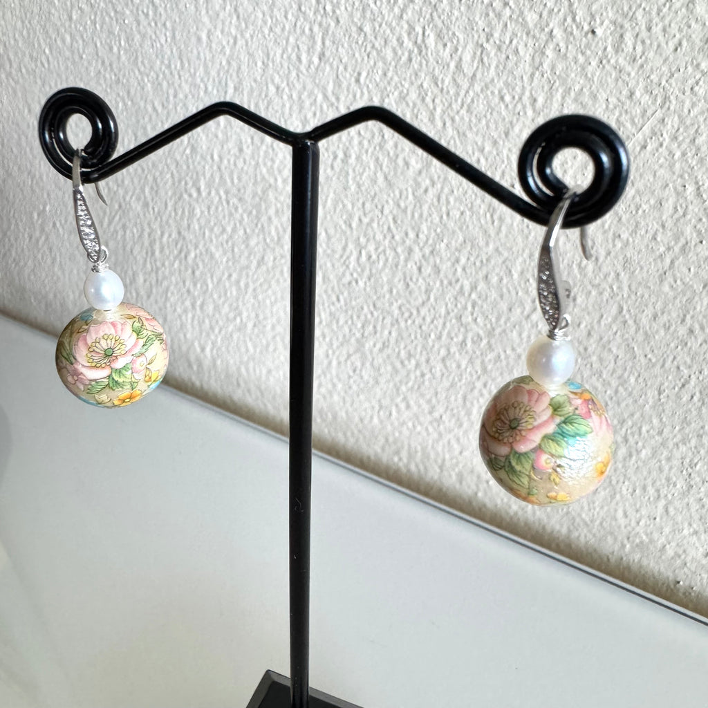 Sterling silver Japanese tensha beads and freshwater pearl earrings