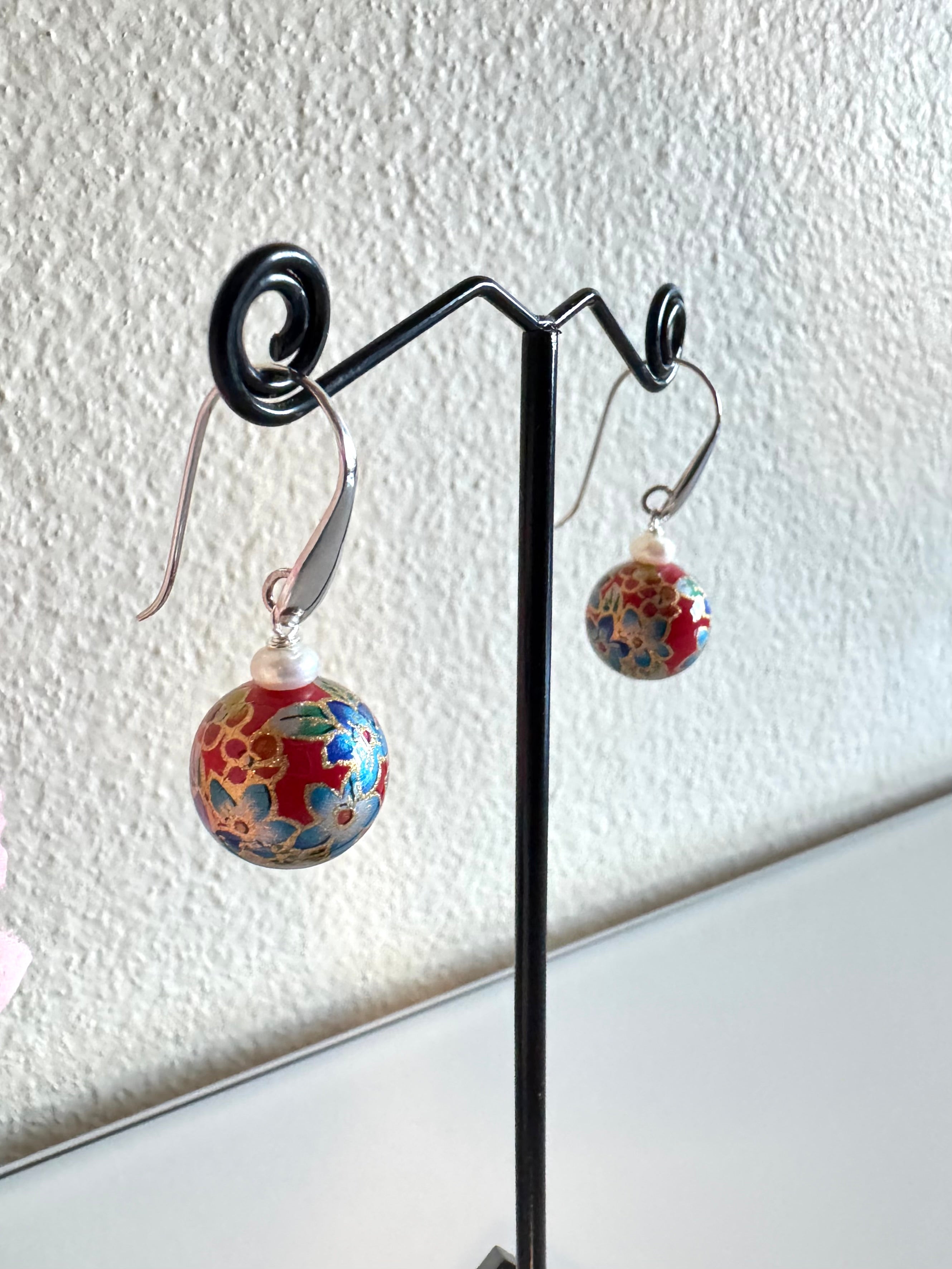 Sterling silver Japanese tensha beads and freshwater pearl earrings