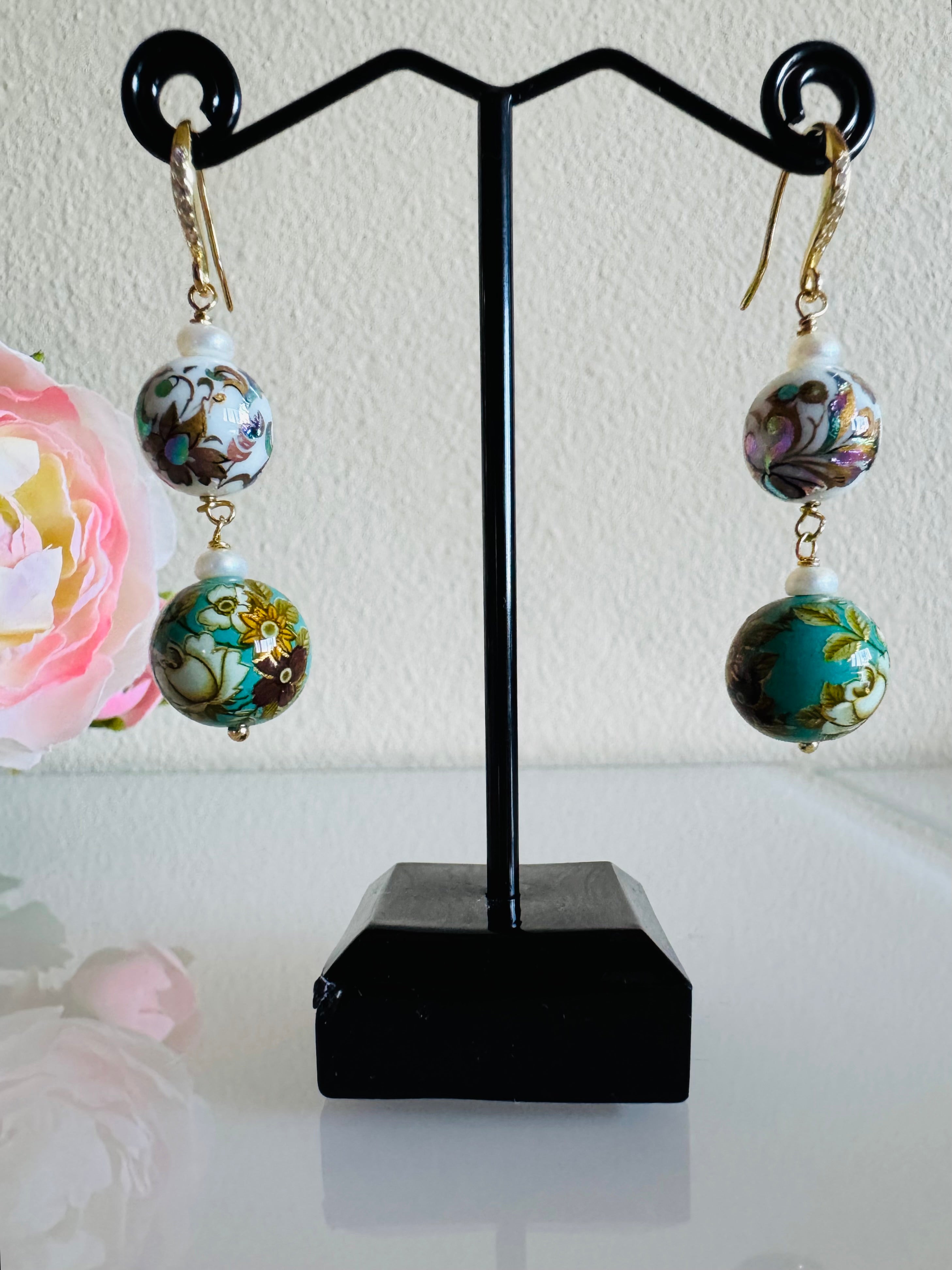 Japanese tensha beads and freshwater pearl earrings with Sterling Silver gold plated hooks