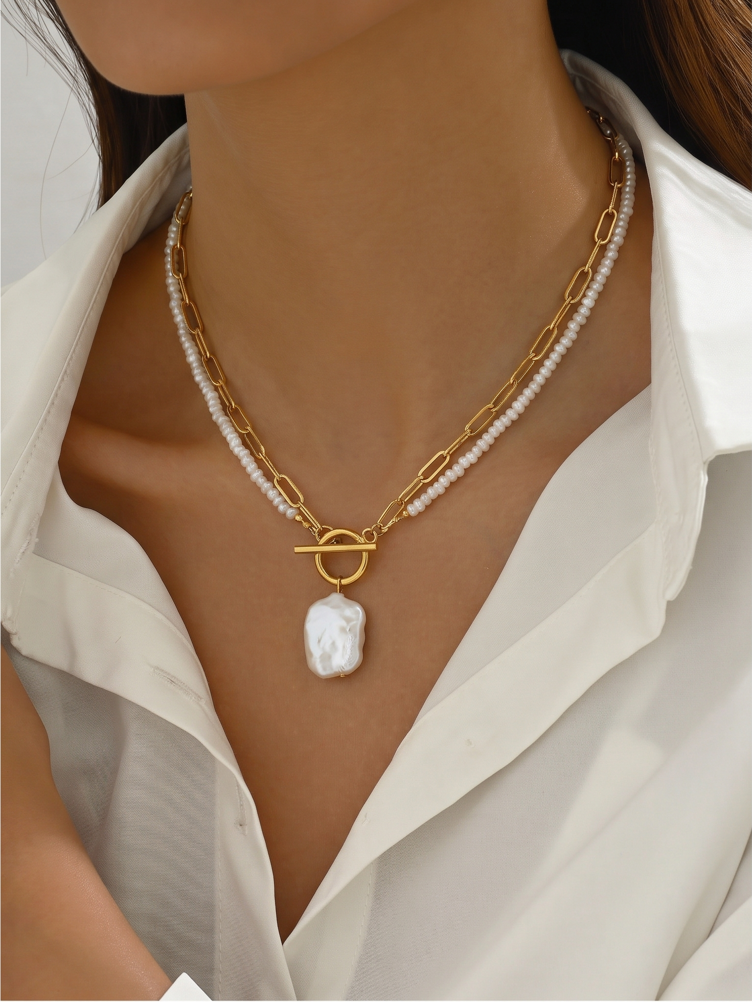 Large Rectangular Baroque Pearl Pendant Necklace, Surgical Stainless Gold Toggle Clasp and Chain, Freshwater Mini Pearls, Handmade Sydney