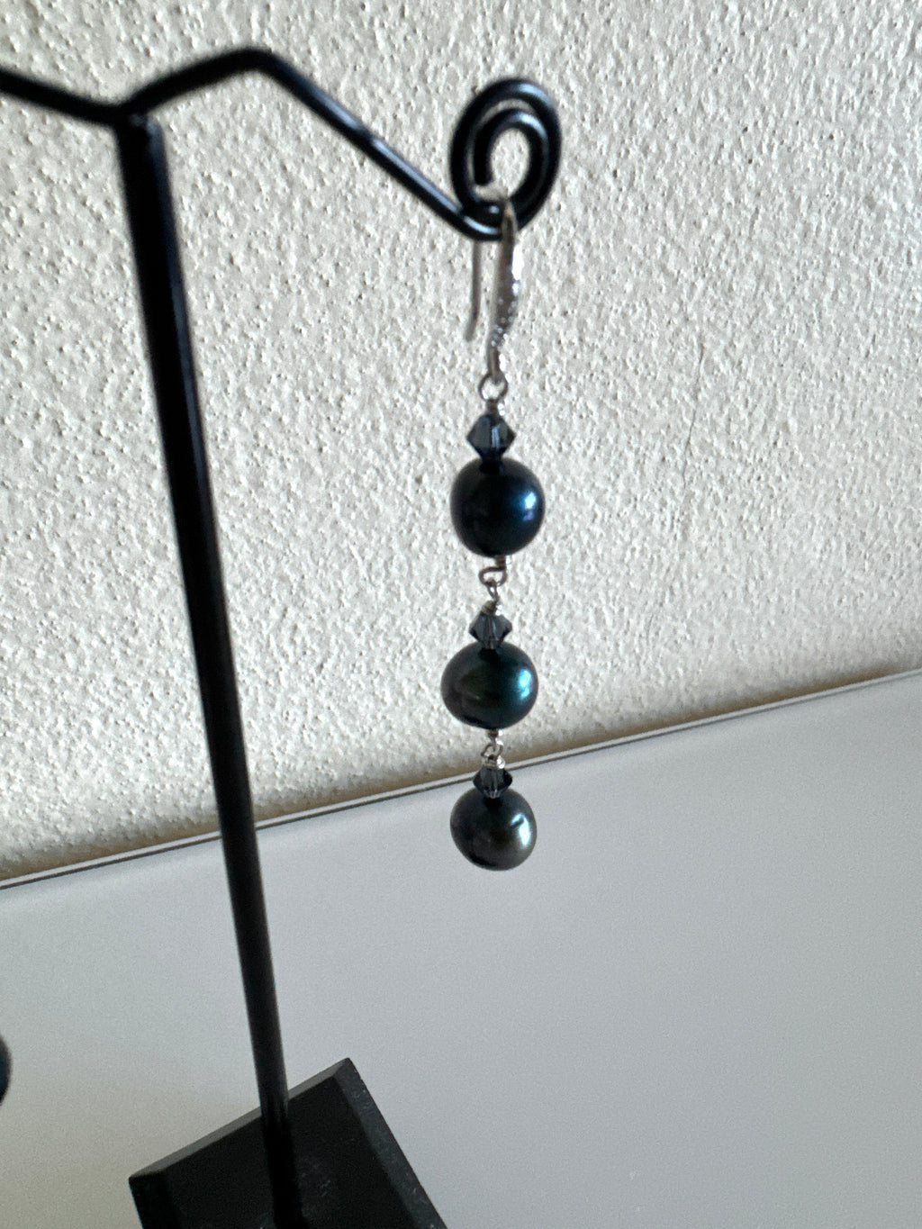 Black Freshwater Off Round Pearl Drop Trilogy Earrings With 925 Silver Hooks, Swarovski Crystals, Dangle Earrings, Anniversary Gift,