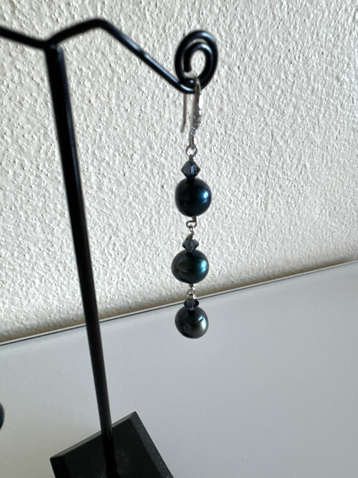 Black Freshwater Off Round Pearl Drop Trilogy Earrings With 925 Silver Hooks, Swarovski Crystals, Dangle Earrings, Anniversary Gift,