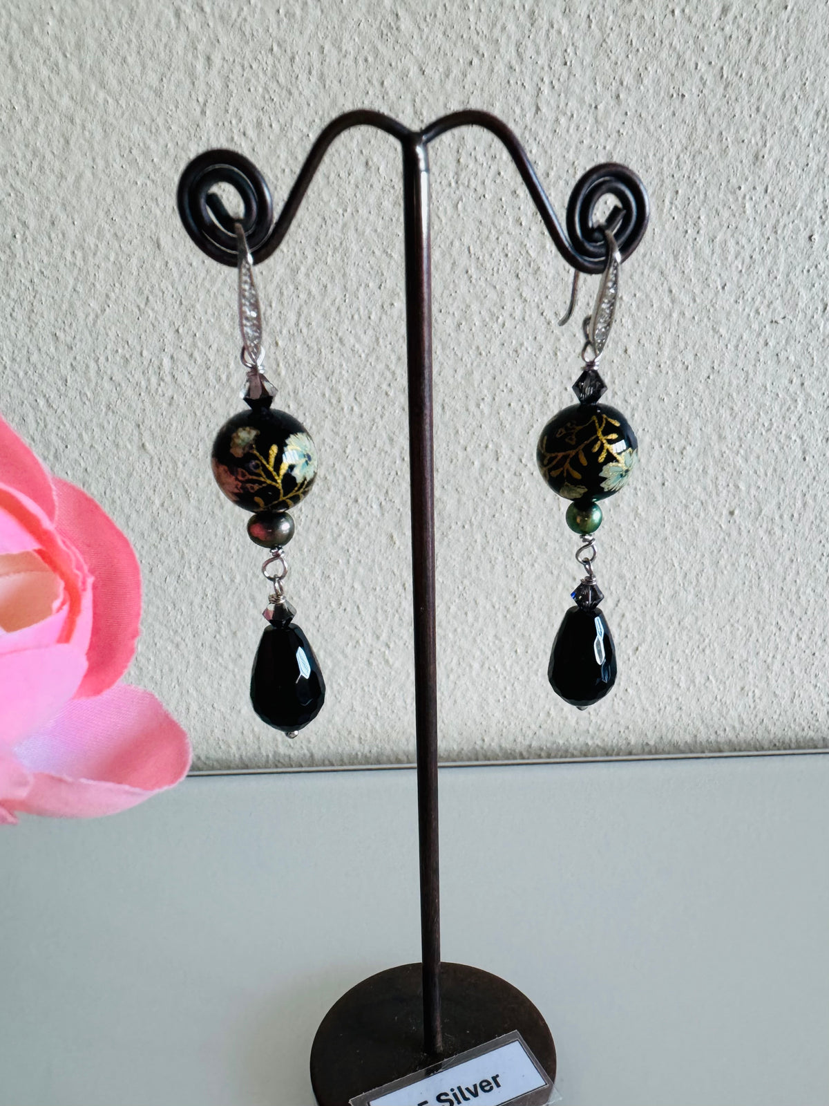 Japanese Tensha Bead & Onyx Earrings, Sterling Silver Freshwater Black Pearl Dangle Earrings, Swarovski Crystal, Handmade Australia