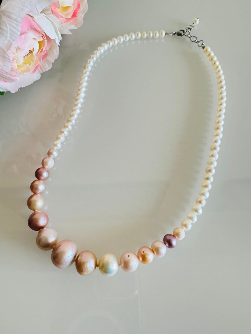 Natural Multiple Pink colours and White Freshwater Pearl Necklace, Surgical Stainless clasps, Handmade Australia