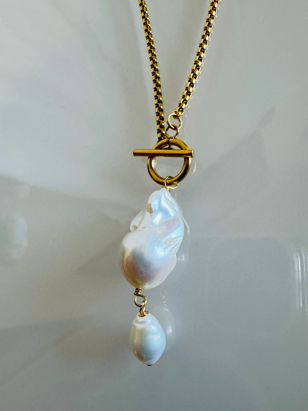 Handmade Baroque Pearl Toggle Necklace, Surgical Stainless Steel Chain, Minimalist Jewellery