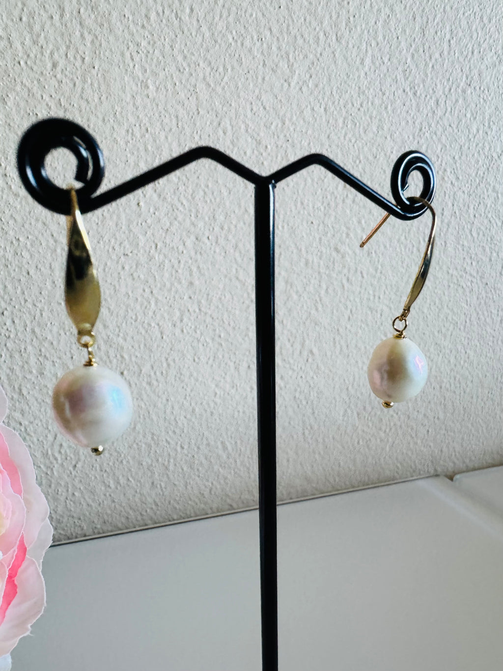 Freshwater Off Round Pearl Drop Earrings, Surgical Stainless Gold Dangle Earrings, Handmade Australian Jewellery, Gift For Her