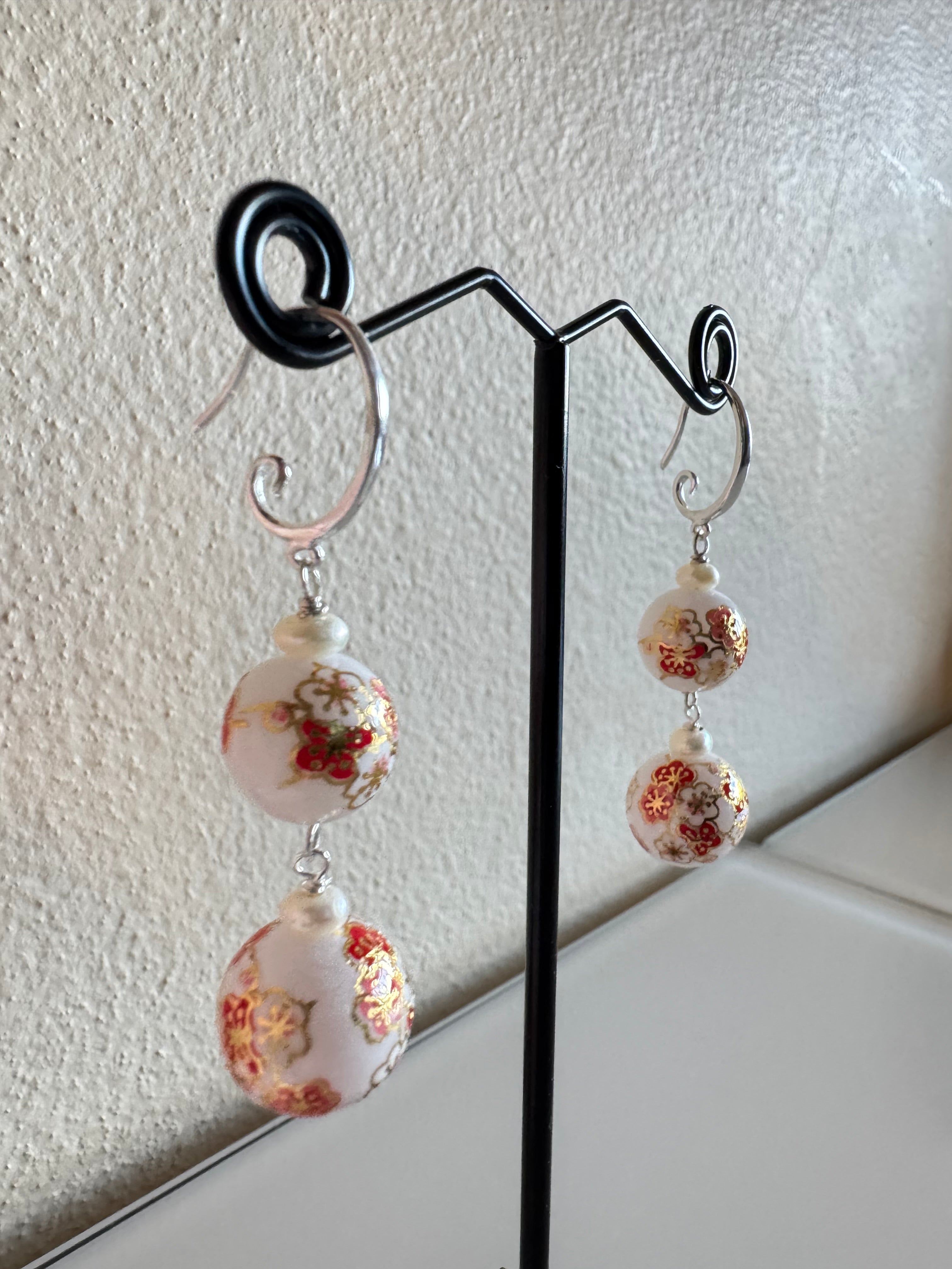Sterling silver Japanese tensha beads and freshwater pearl earrings
